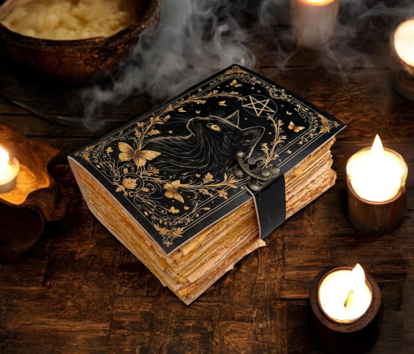 Leather Grimoire Journal: Cat Print Spell Book of Shadows