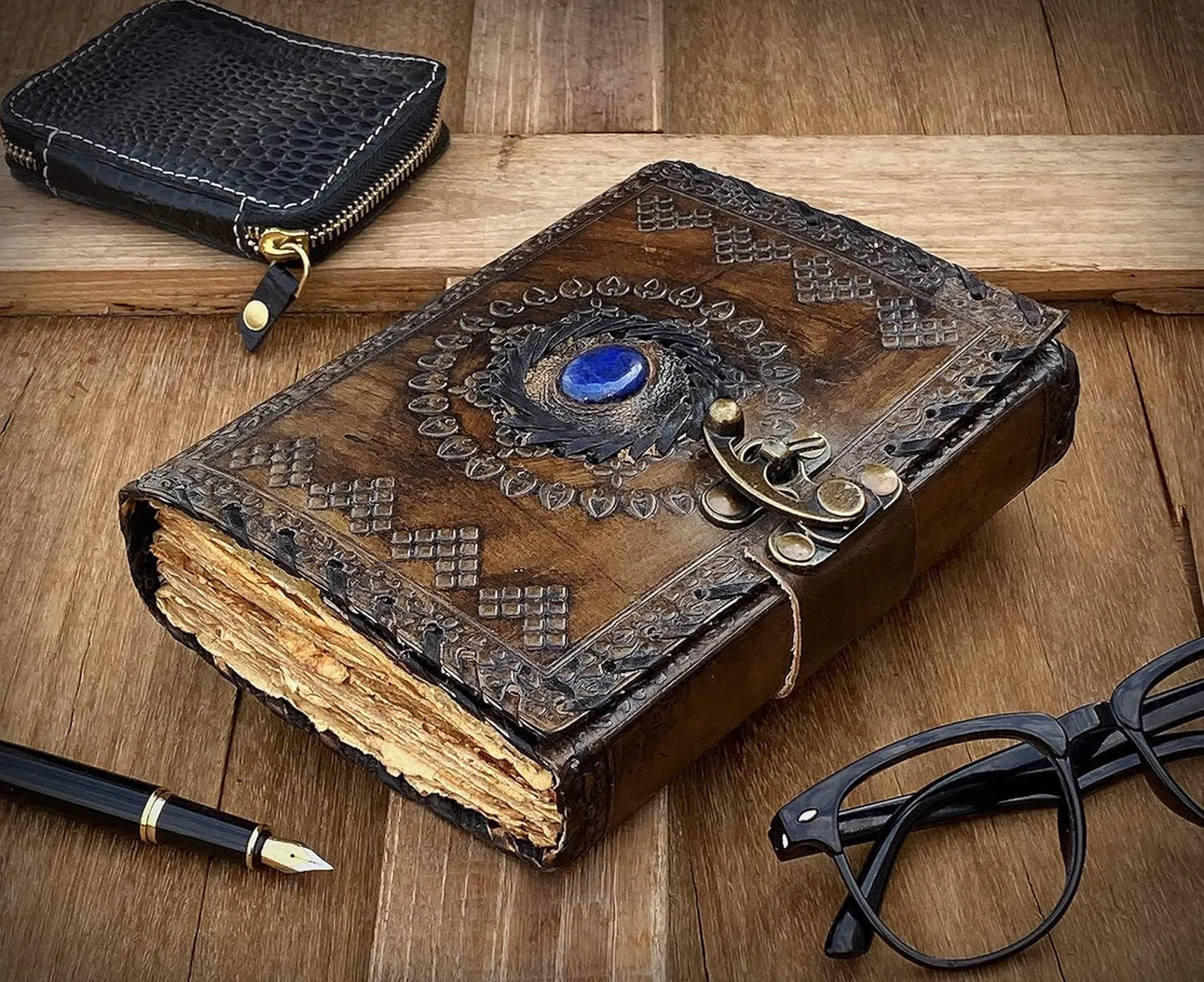 Handmade Leather embossed Journal with stone