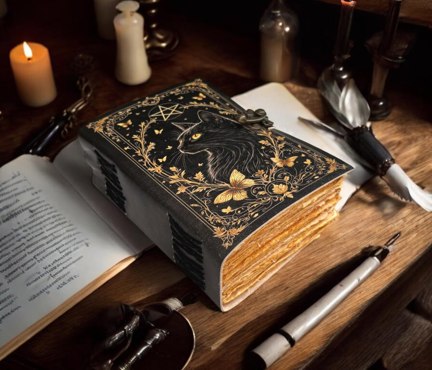 Leather Grimoire Journal: Cat Print Spell Book of Shadows