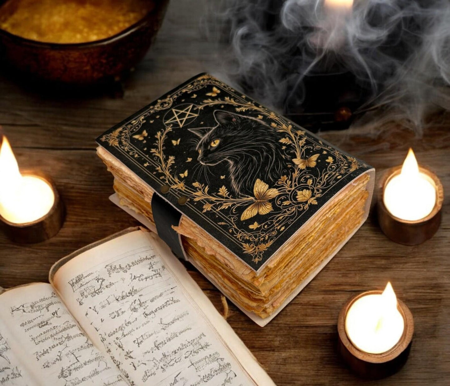 Leather Grimoire Journal: Cat Print Spell Book of Shadows