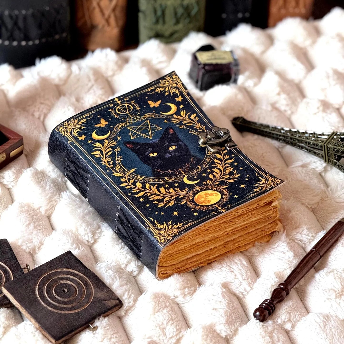 Cat Leather Journal: Vintage Handmade Grimoire, Blank Book of Shadows