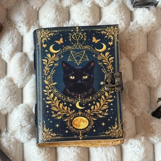 Cat Leather Journal: Vintage Handmade Grimoire, Blank Book of Shadows