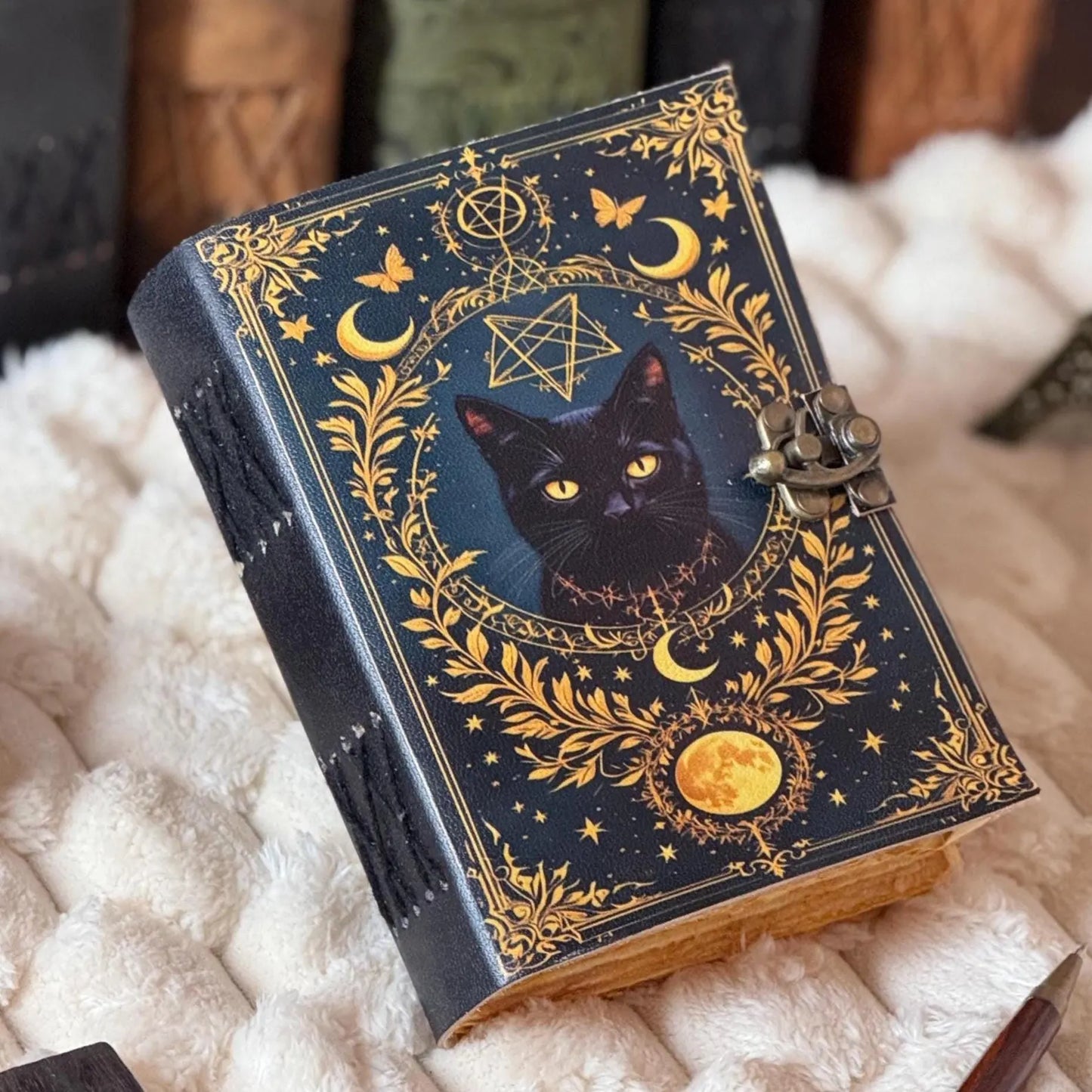 Cat Leather Journal: Vintage Handmade Grimoire, Blank Book of Shadows