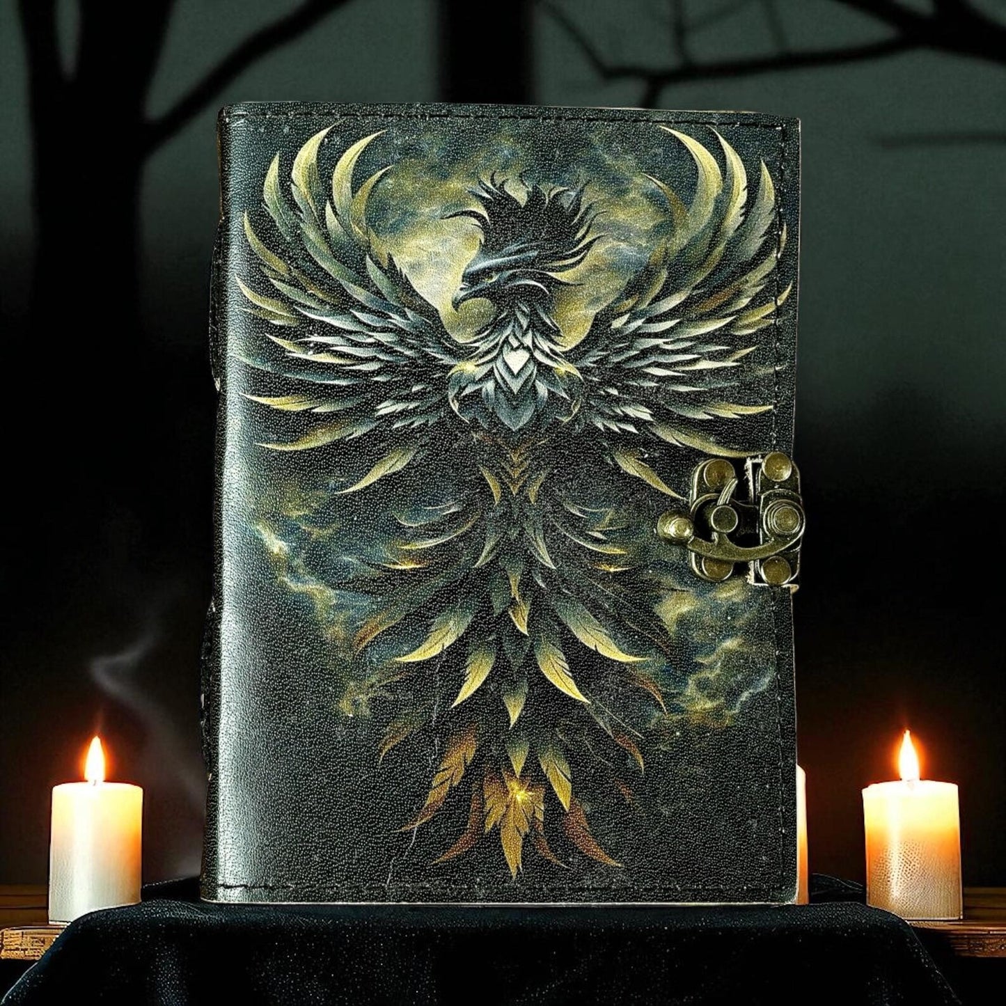 Phoenix Grimoire Leather book of shadows Handmade Fire Element Spell Book, Custom Engraved Large Celestial Deckle Paper Gift