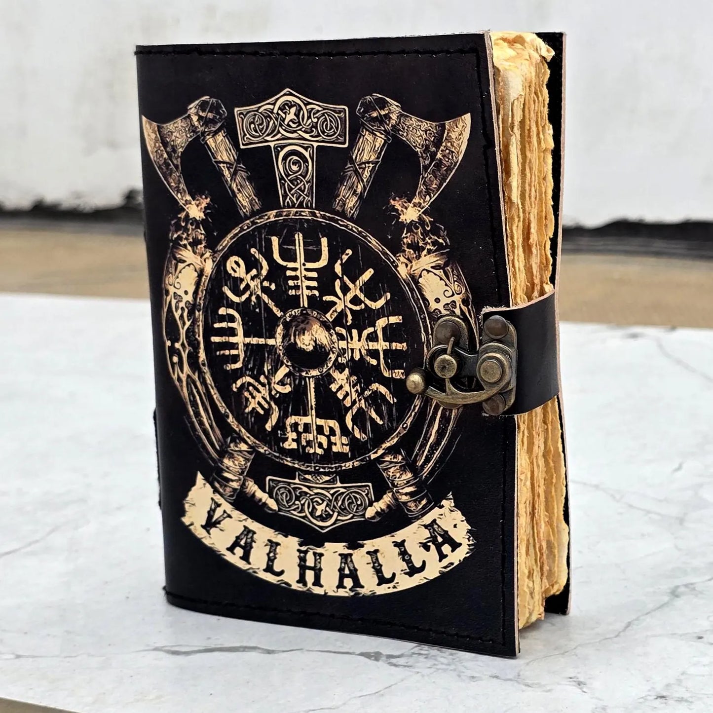 Valhalla Leather Journal, Viking Rune/Axe Print Diary Norse Mythology Gift For Writers/Warriors The Home Of The Gods 200 old deckle edge.
