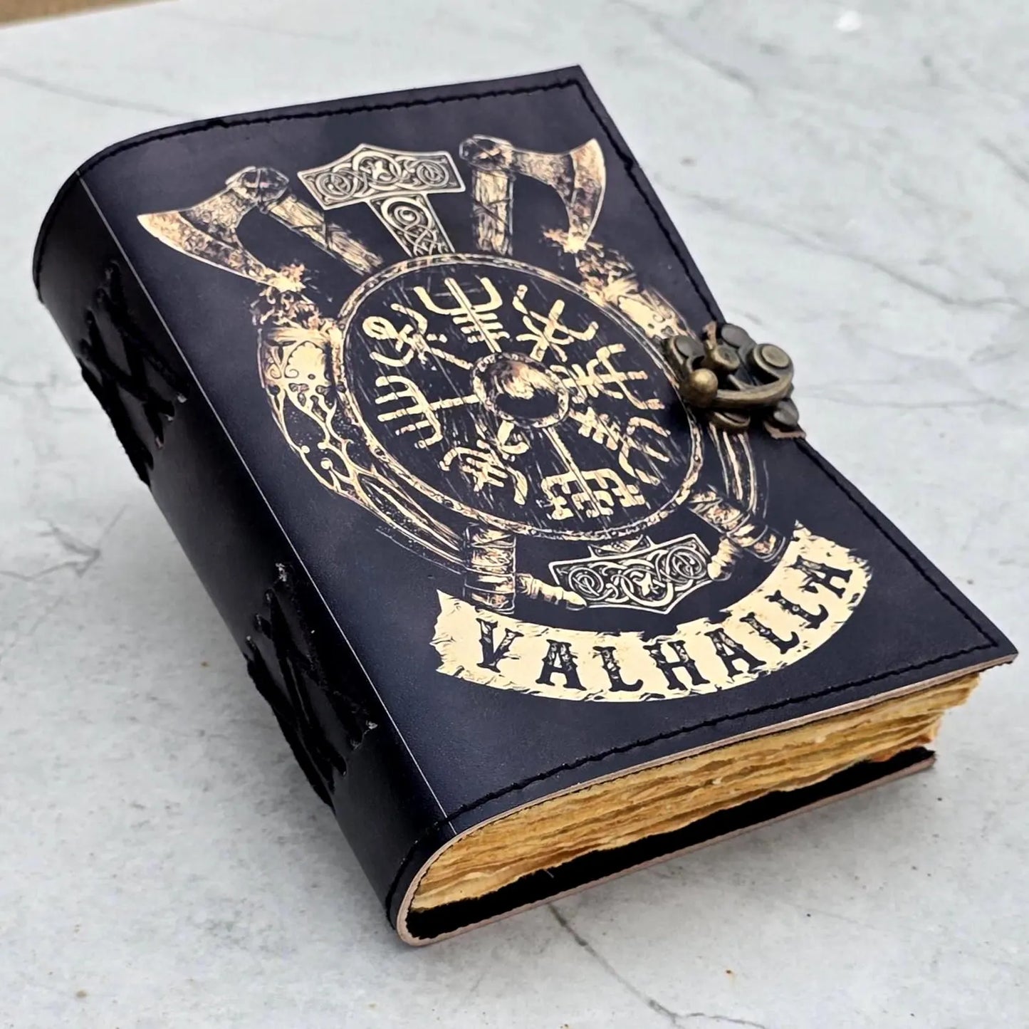 Valhalla Leather Journal, Viking Rune/Axe Print Diary Norse Mythology Gift For Writers/Warriors The Home Of The Gods 200 old deckle edge.