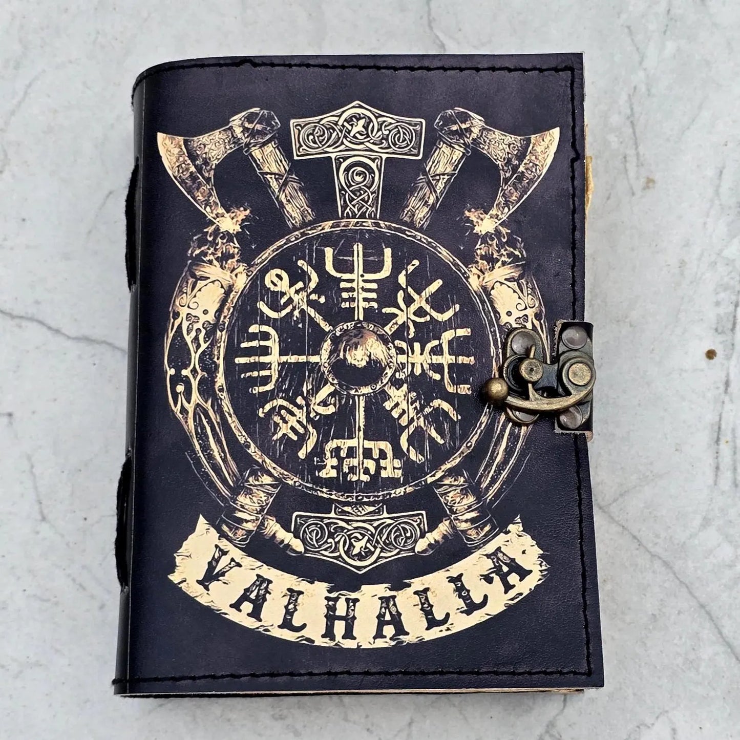 Valhalla Leather Journal, Viking Rune/Axe Print Diary Norse Mythology Gift For Writers/Warriors The Home Of The Gods 200 old deckle edge.