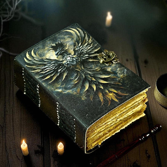 Phoenix Grimoire Leather book of shadows Handmade Fire Element Spell Book, Custom Engraved Large Celestial Deckle Paper Gift