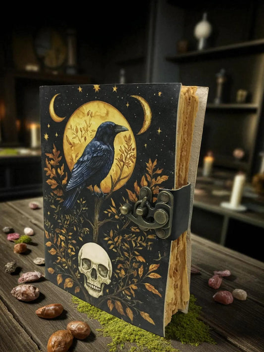 Leather Journal Gothic Notebook The Raven Grimoire Print - Vintage Handmade Book of Shadows Witchcrafts Journal Gifts for Men