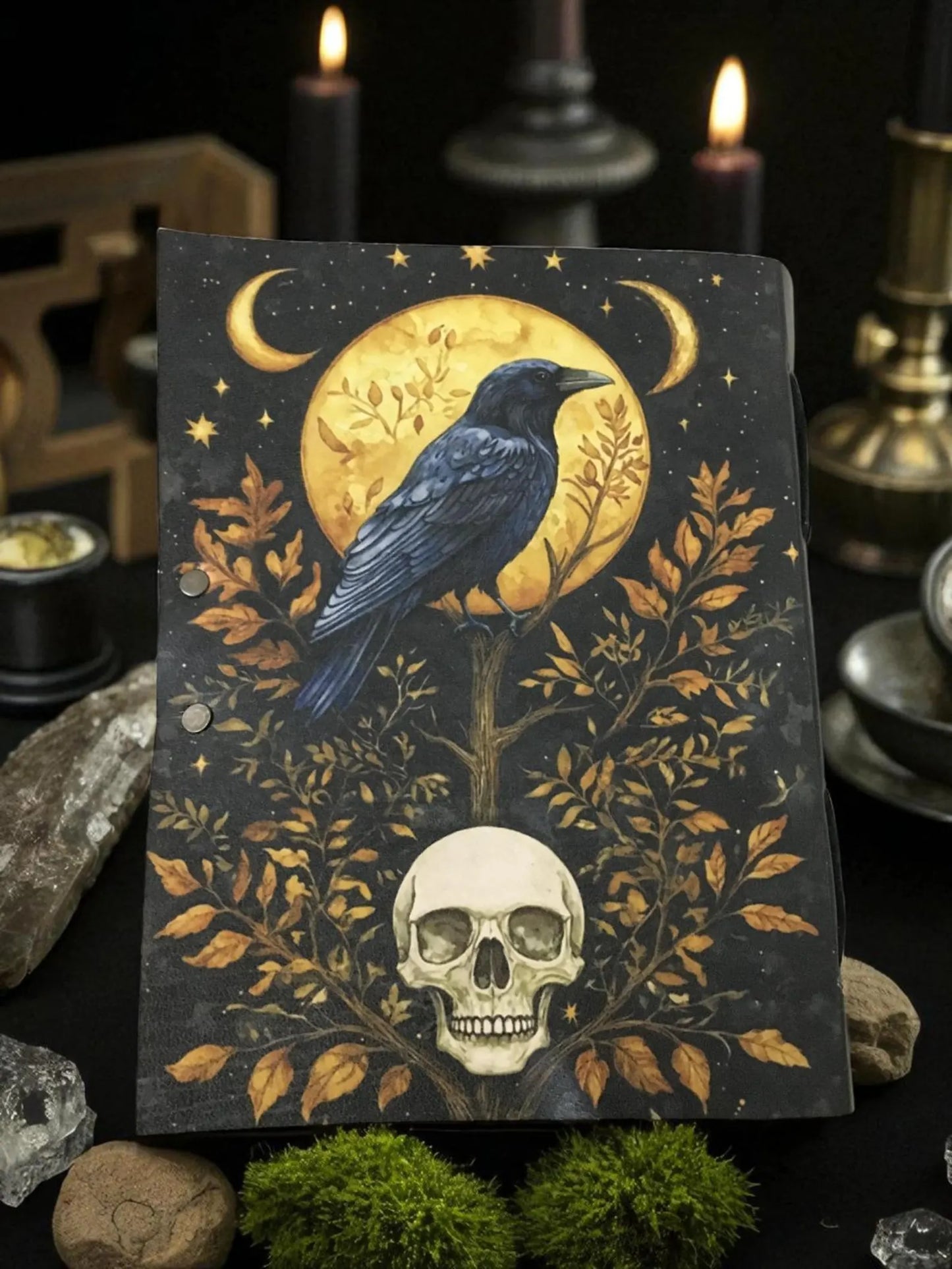 Leather Journal Gothic Notebook The Raven Grimoire Print - Vintage Handmade Book of Shadows Witchcrafts Journal Gifts for Men
