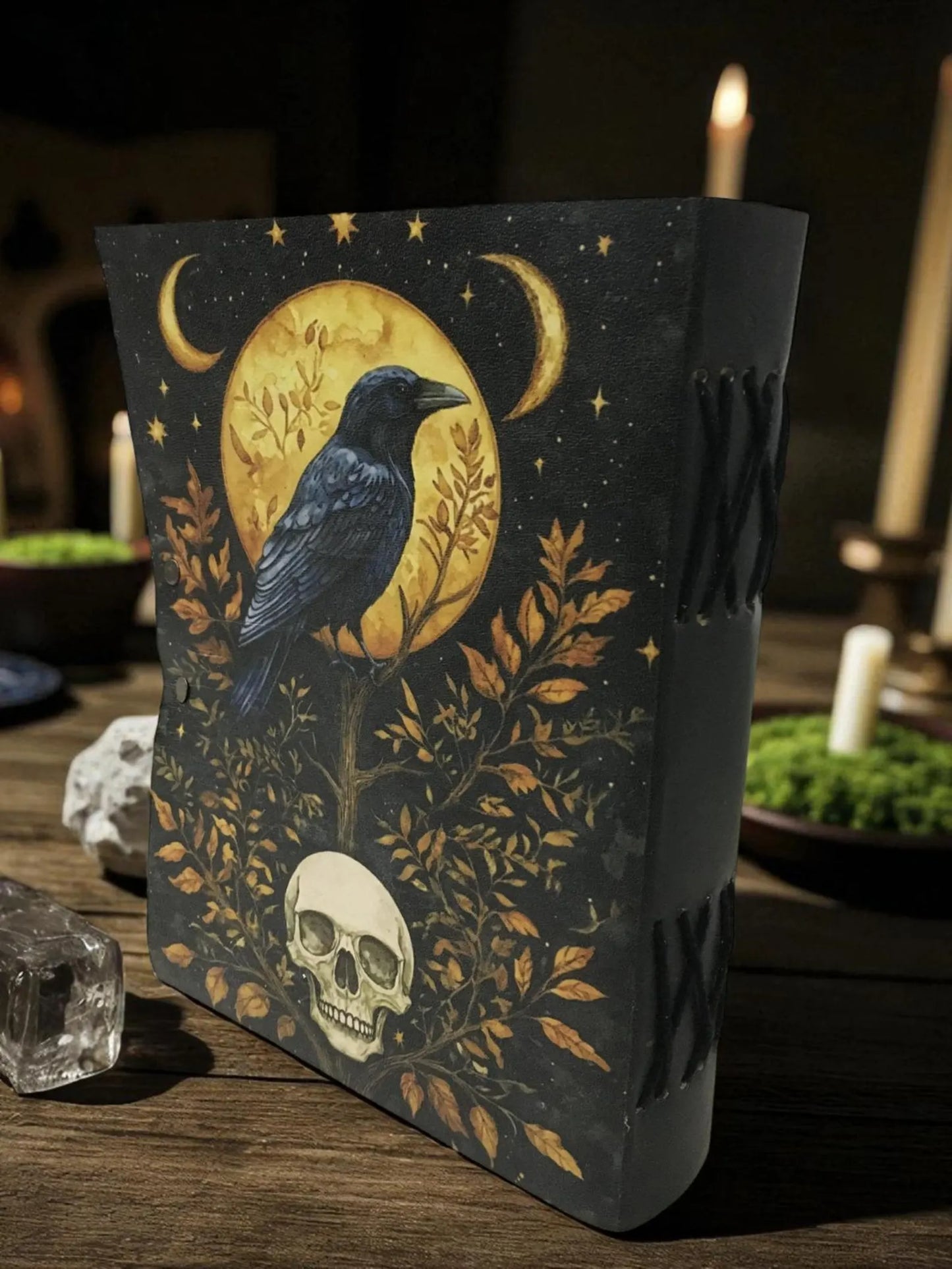 Leather Journal Gothic Notebook The Raven Grimoire Print - Vintage Handmade Book of Shadows Witchcrafts Journal Gifts for Men