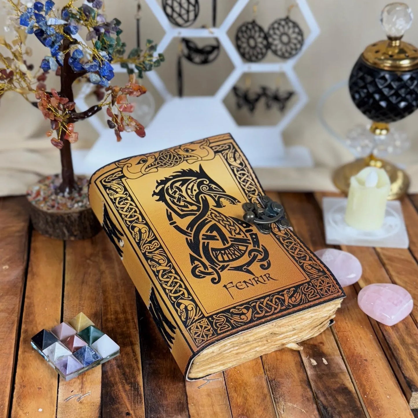 Viking Fenrir Leather Journal: Handmade Norse Grimoire, Celtic Wolf Design