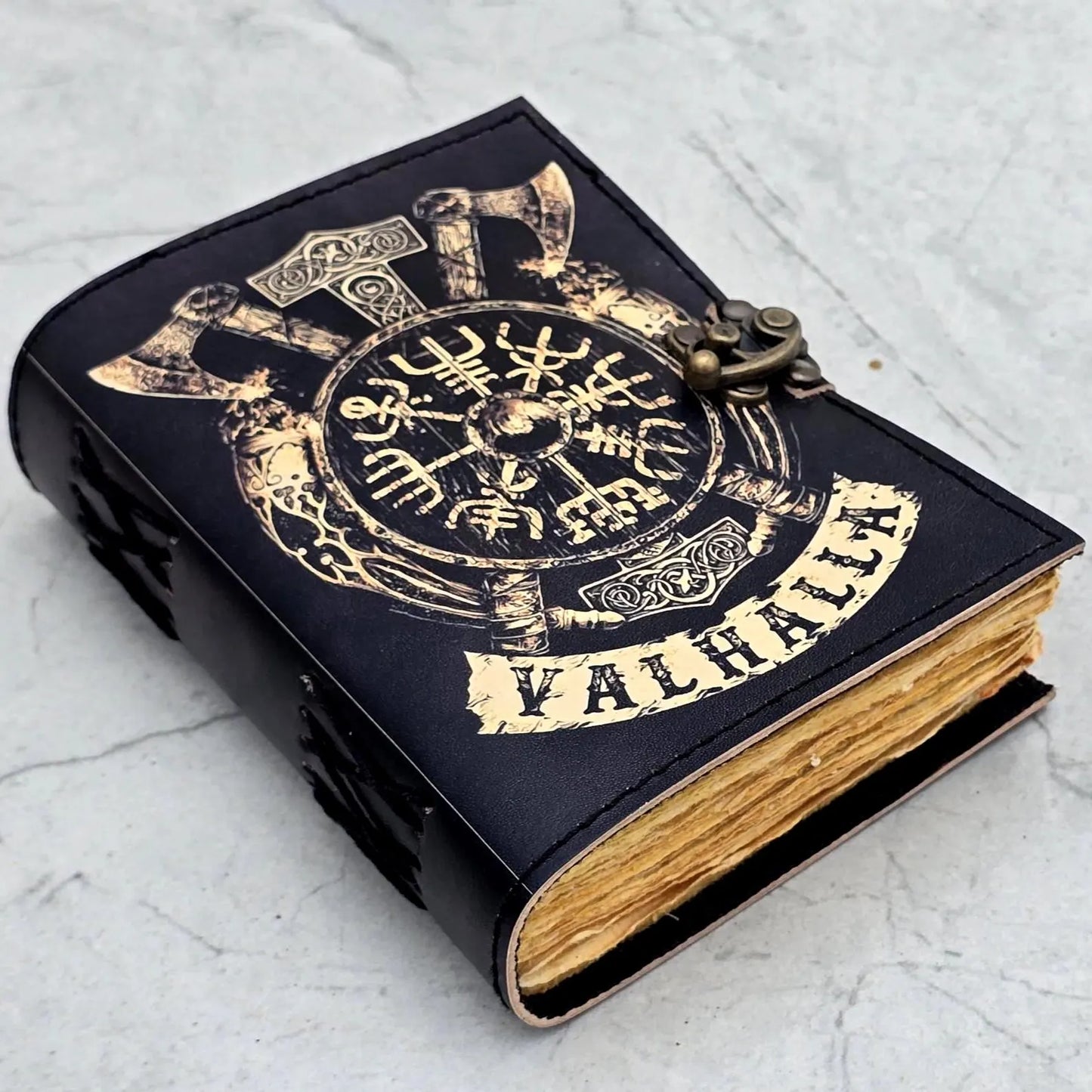 Valhalla Leather Journal, Viking Rune/Axe Print Diary Norse Mythology Gift For Writers/Warriors The Home Of The Gods 200 old deckle edge.