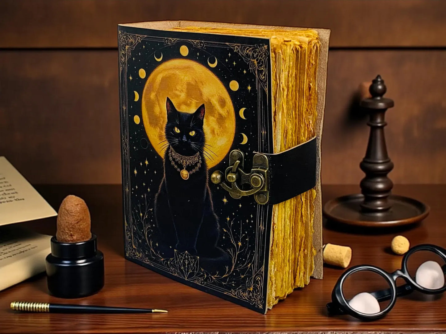 Black Cat Leather Grimoire | Handmade Witch Spell Book