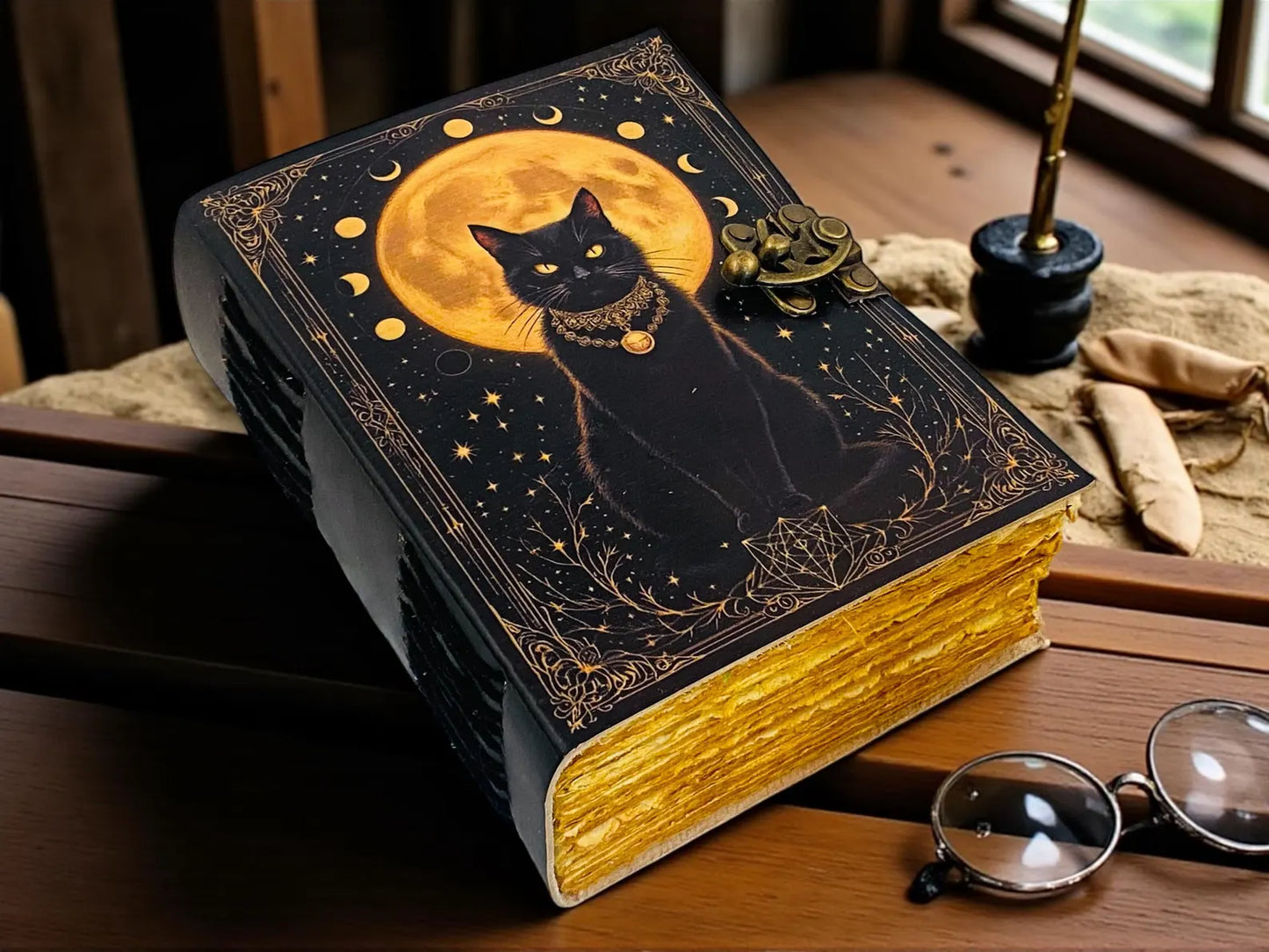 Black Cat Leather Grimoire | Handmade Witch Spell Book