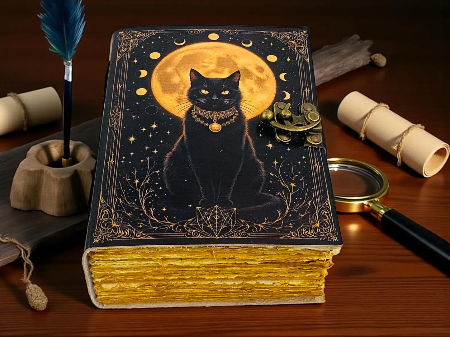 Black Cat Leather Grimoire | Handmade Witch Spell Book