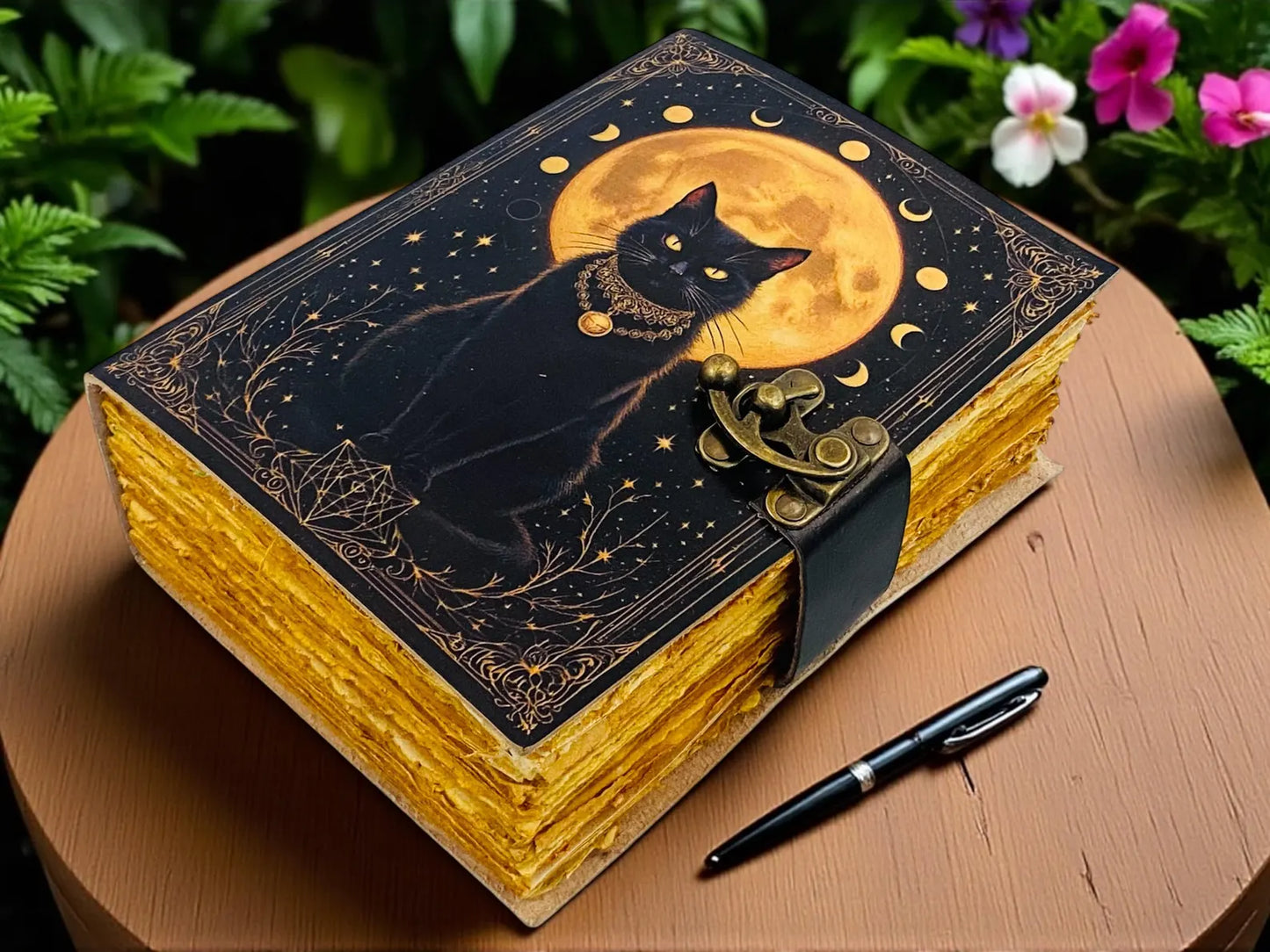 Black Cat Leather Grimoire | Handmade Witch Spell Book