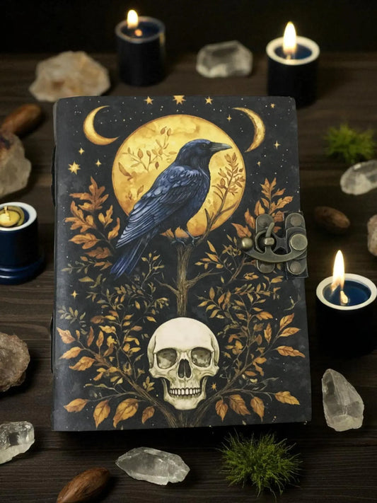 Leather Journal Gothic Notebook The Raven Grimoire Print - Vintage Handmade Book of Shadows Witchcrafts Journal Gifts for Men
