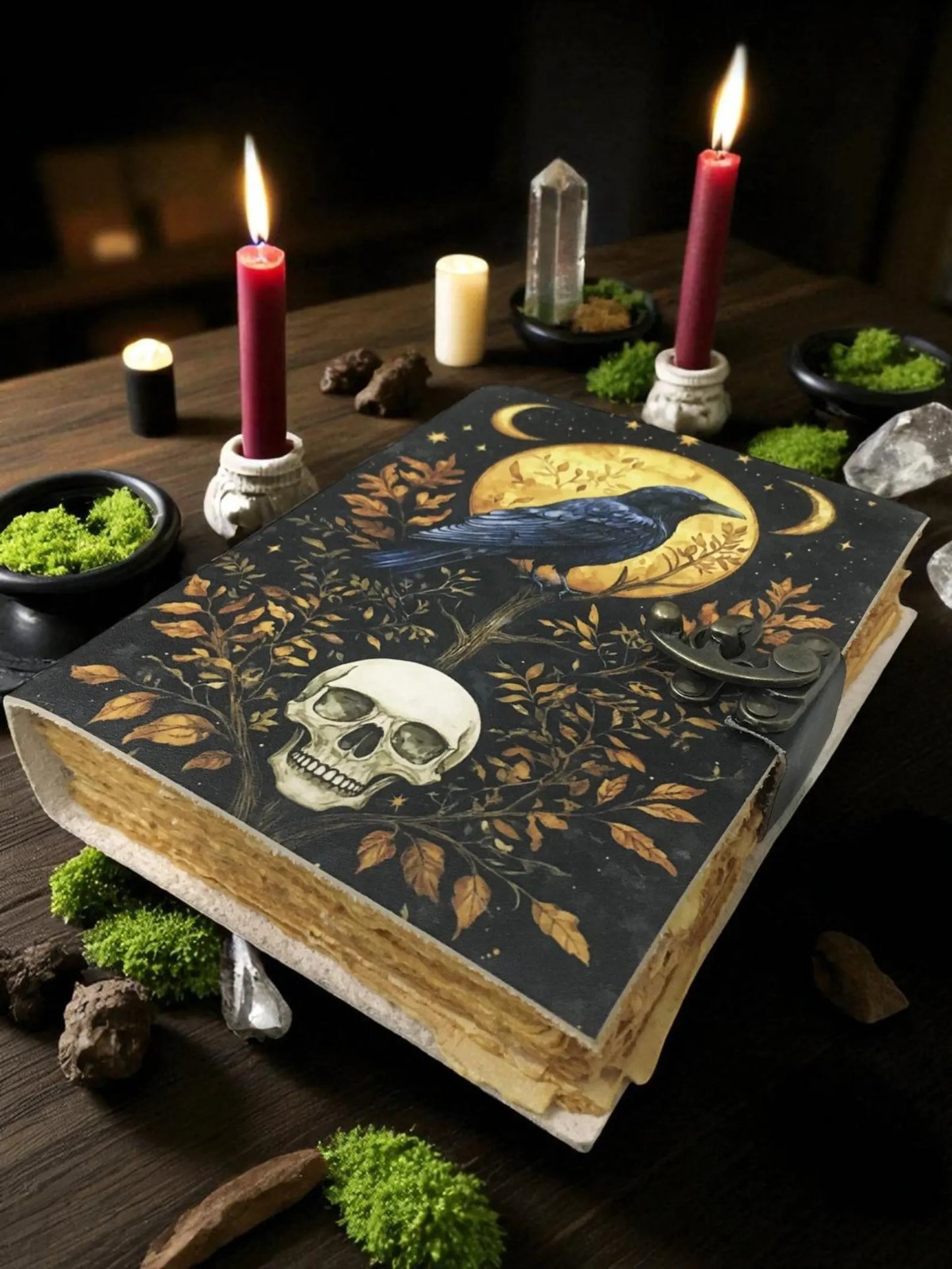 Leather Journal Gothic Notebook The Raven Grimoire Print - Vintage Handmade Book of Shadows Witchcrafts Journal Gifts for Men