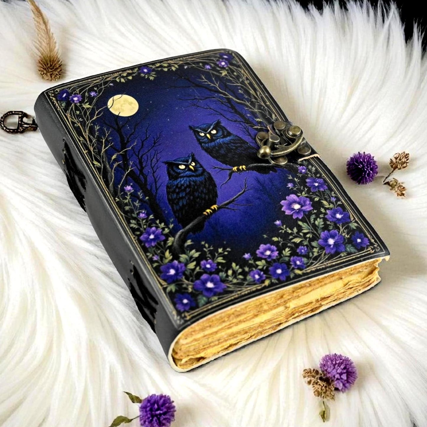 Black Owl Leather Grimoire, Handmade Book of Shadows, Witchcraft Journal