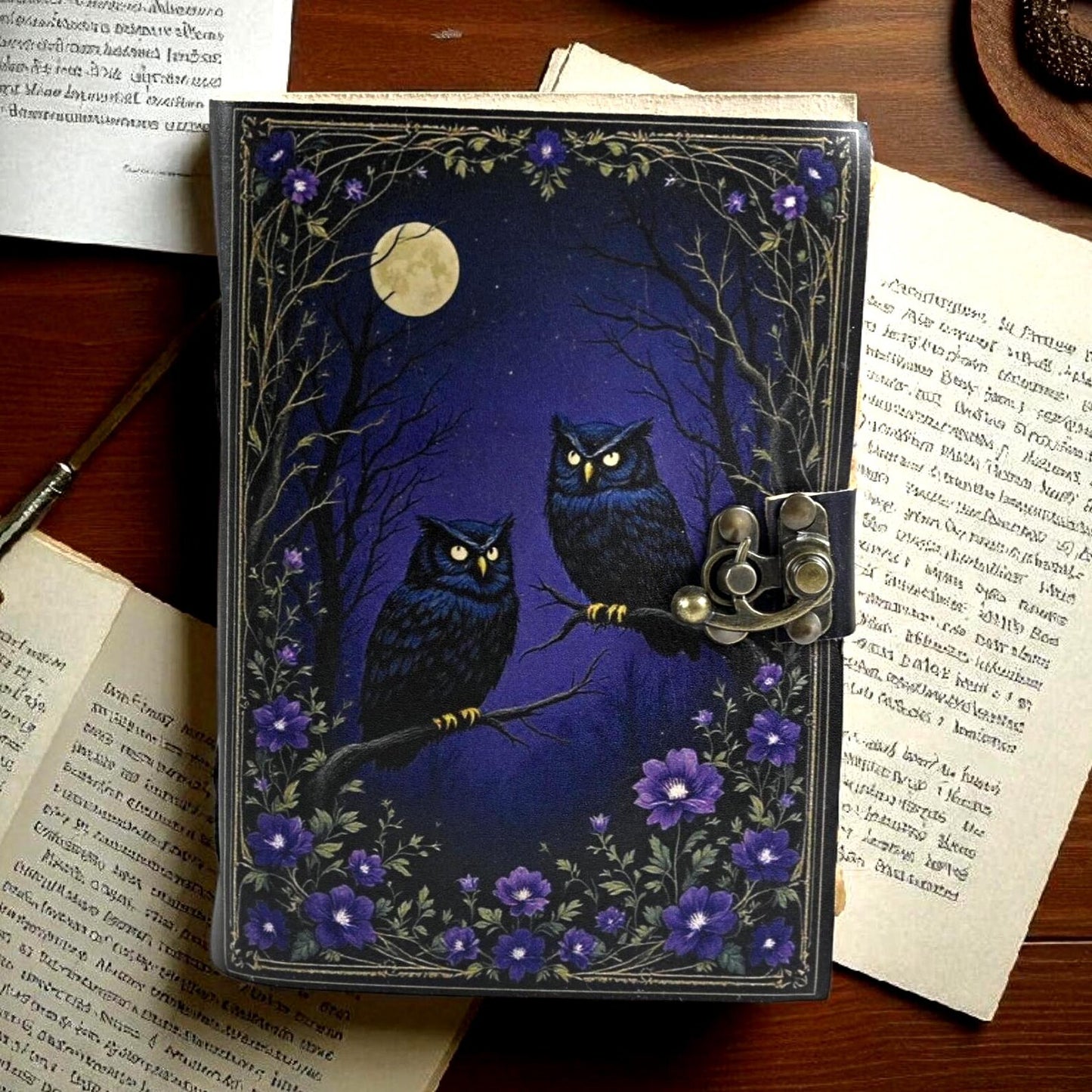 Black Owl Leather Grimoire, Handmade Book of Shadows, Witchcraft Journal