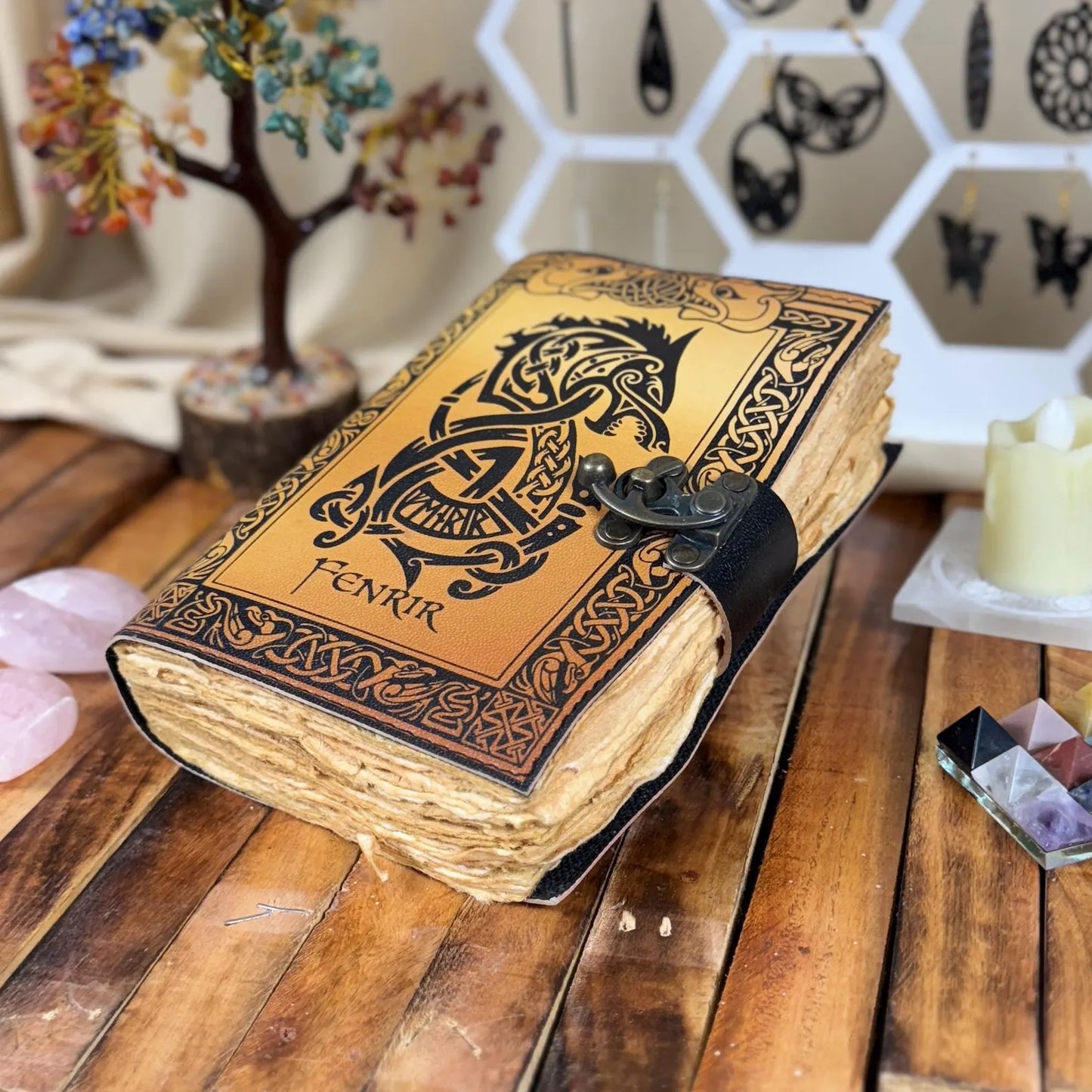 Viking Fenrir Leather Journal: Handmade Norse Grimoire, Celtic Wolf Design