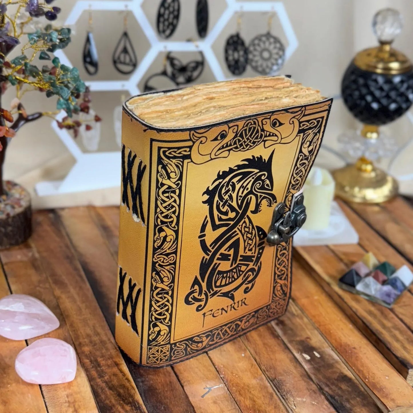 Viking Fenrir Leather Journal: Handmade Norse Grimoire, Celtic Wolf Design