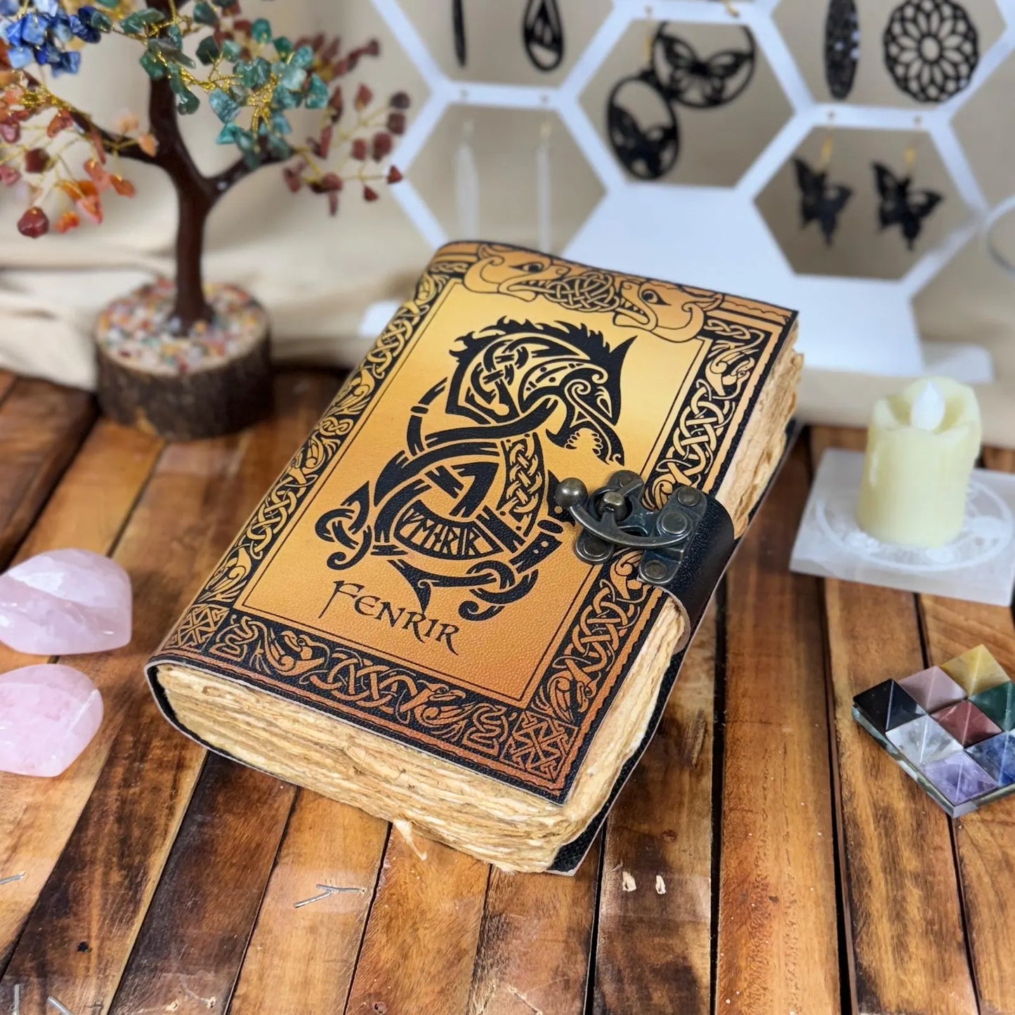 Viking Fenrir Leather Journal: Handmade Norse Grimoire, Celtic Wolf Design
