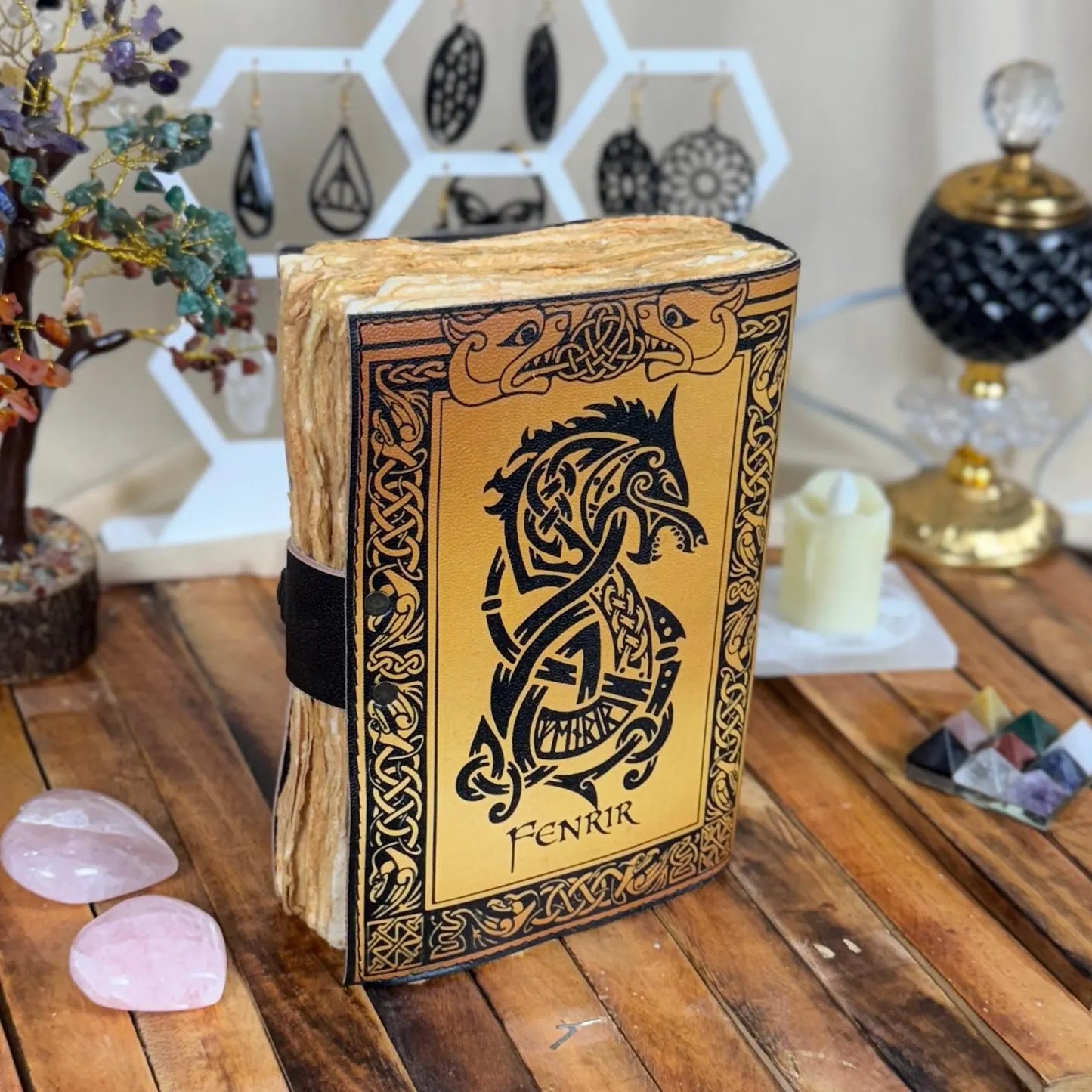Viking Fenrir Leather Journal: Handmade Norse Grimoire, Celtic Wolf Design