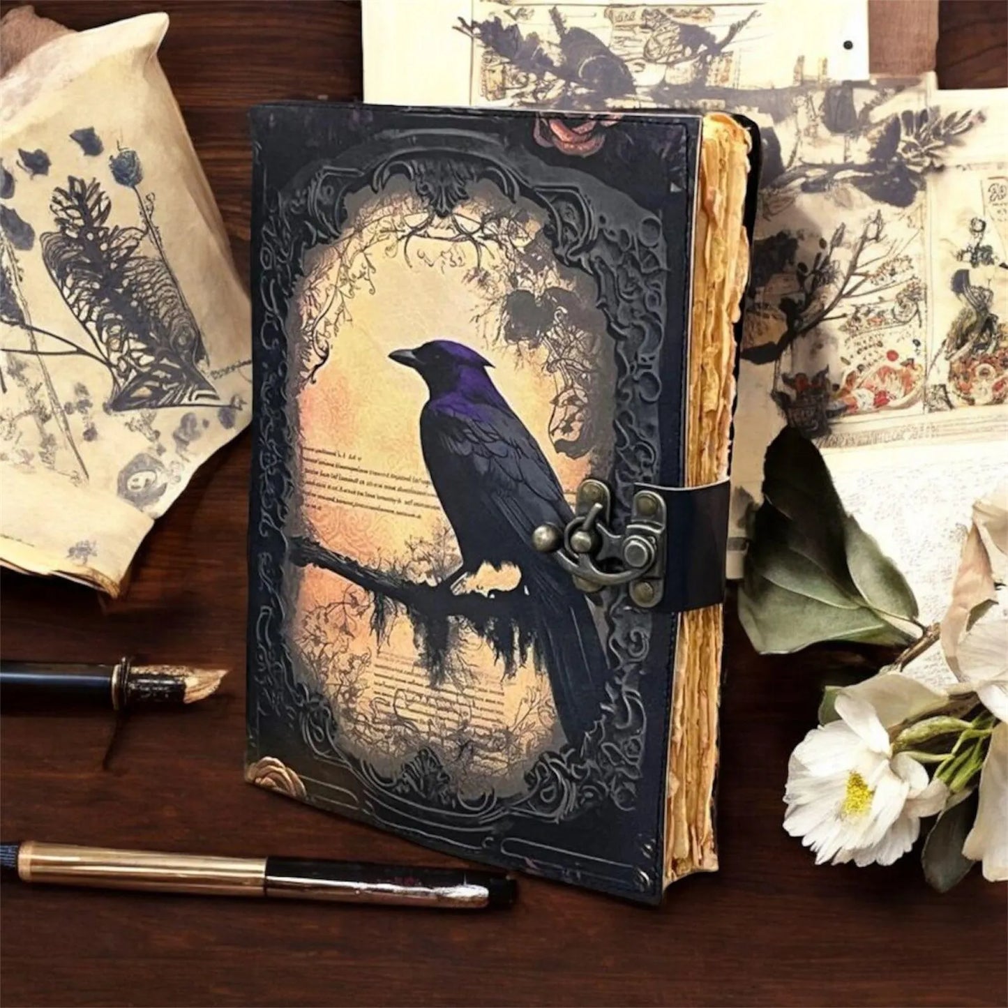 Raven Leather Grimoire Journal: Vintage Spell Book of Shadows Witchcraft Raven Leather Journal, Leather Valentine Journal gifts for women