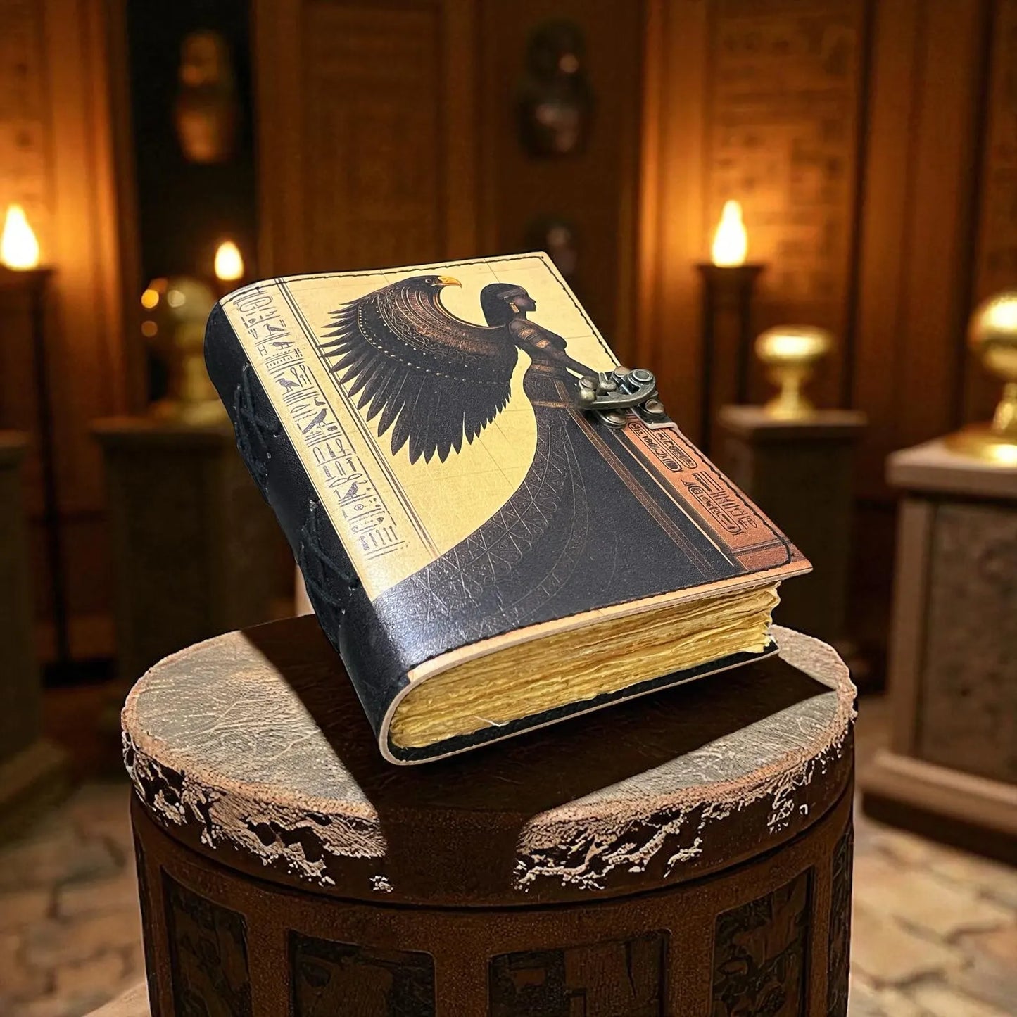 Egyptian Goddess Leather Journal: Handmade Hieroglyph Diary, Grimoire Sketchbook