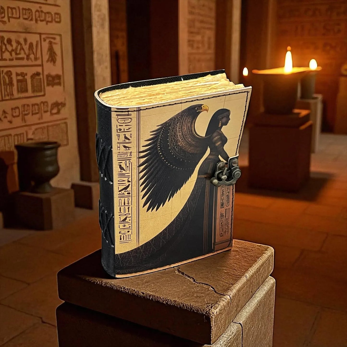 Egyptian Goddess Leather Journal: Handmade Hieroglyph Diary, Grimoire Sketchbook