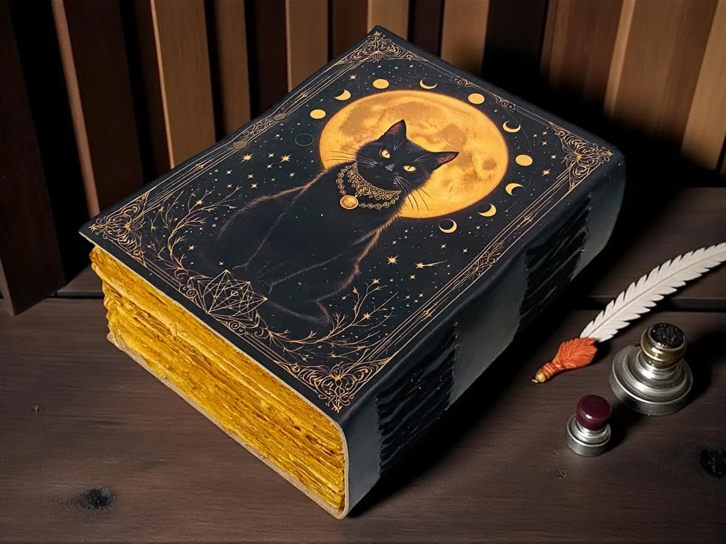 Black Cat Leather Grimoire | Handmade Witch Spell Book