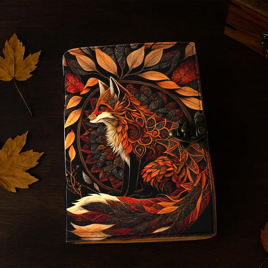 Fox Vintage leather Journal, Grimoire Fat journal Blank spell book of shadows Celestial Handmade Fox Journal