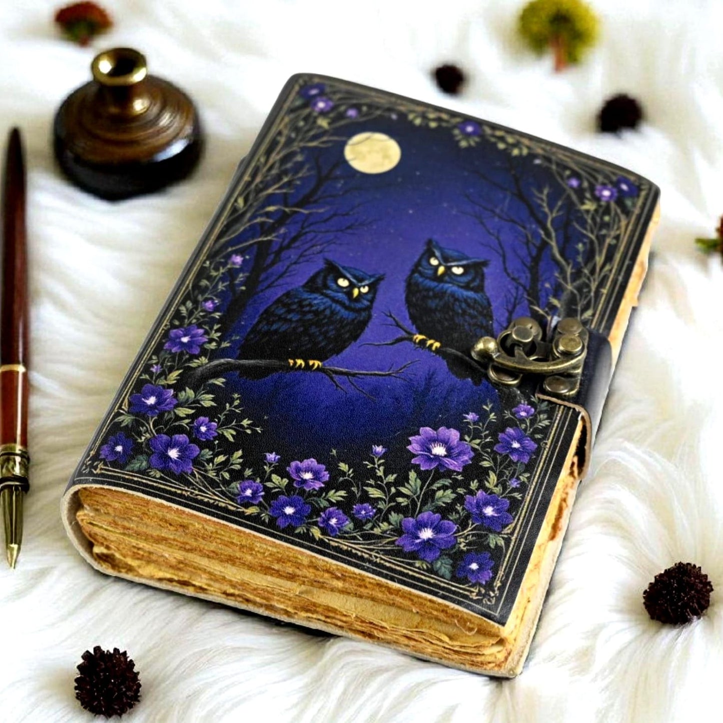 Black Owl Leather Grimoire, Handmade Book of Shadows, Witchcraft Journal
