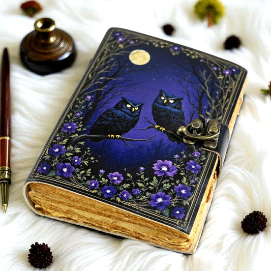 Black Owl Leather Grimoire, Handmade Book of Shadows, Witchcraft Journal