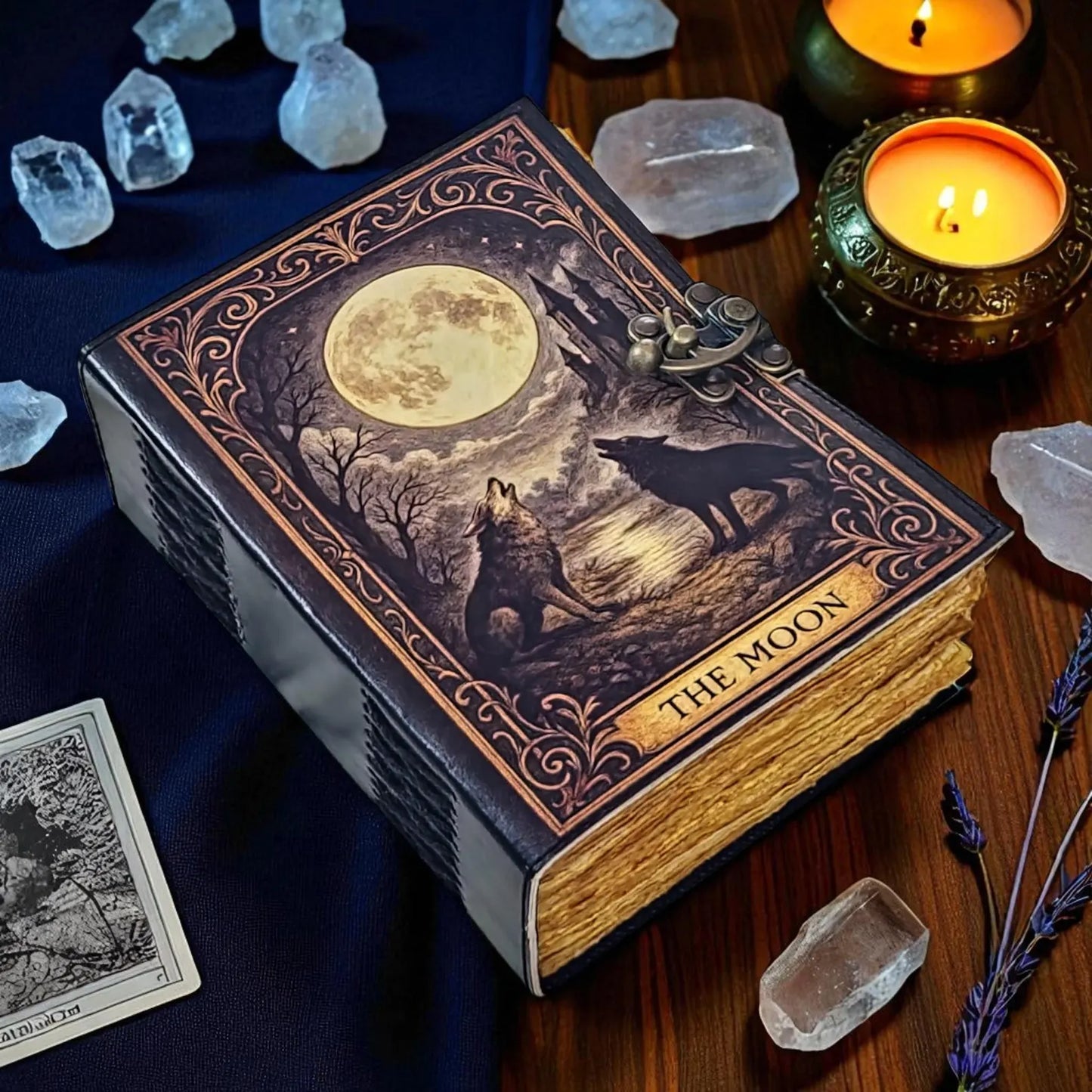 Leather Journal The Moon | Wolf Journal with Lock, Vintage Handmade Notebook, Tarot Journal, Witchy Sketchbook, Moon Phase Diary