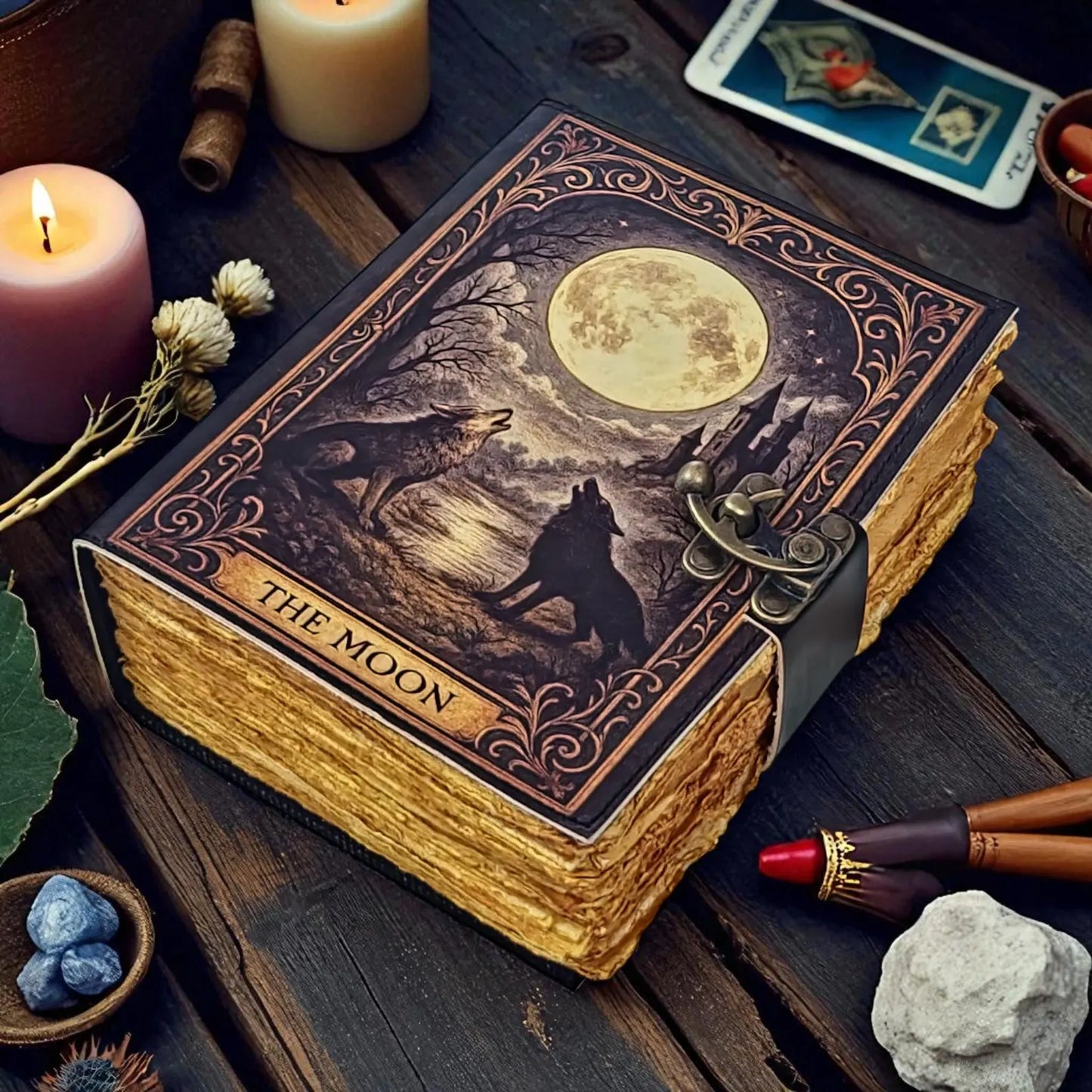 Leather Journal The Moon | Wolf Journal with Lock, Vintage Handmade Notebook, Tarot Journal, Witchy Sketchbook, Moon Phase Diary