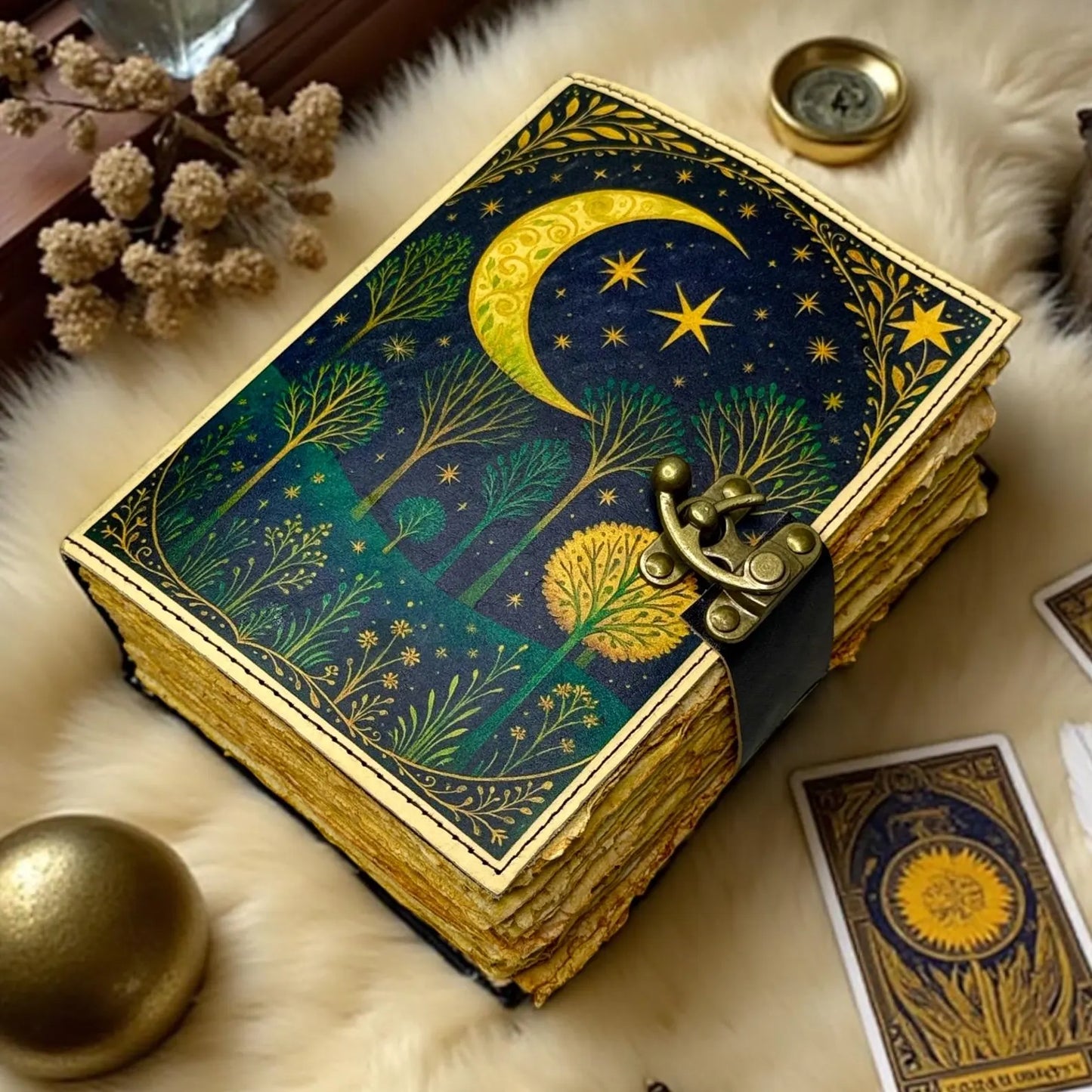 Leather Grimoire Journal –400 Page Book of Shadows, Moon Tree Witchcraft Journal, Wiccan Pagan Gothic Spellbook Notebook, Gift for Him & Her