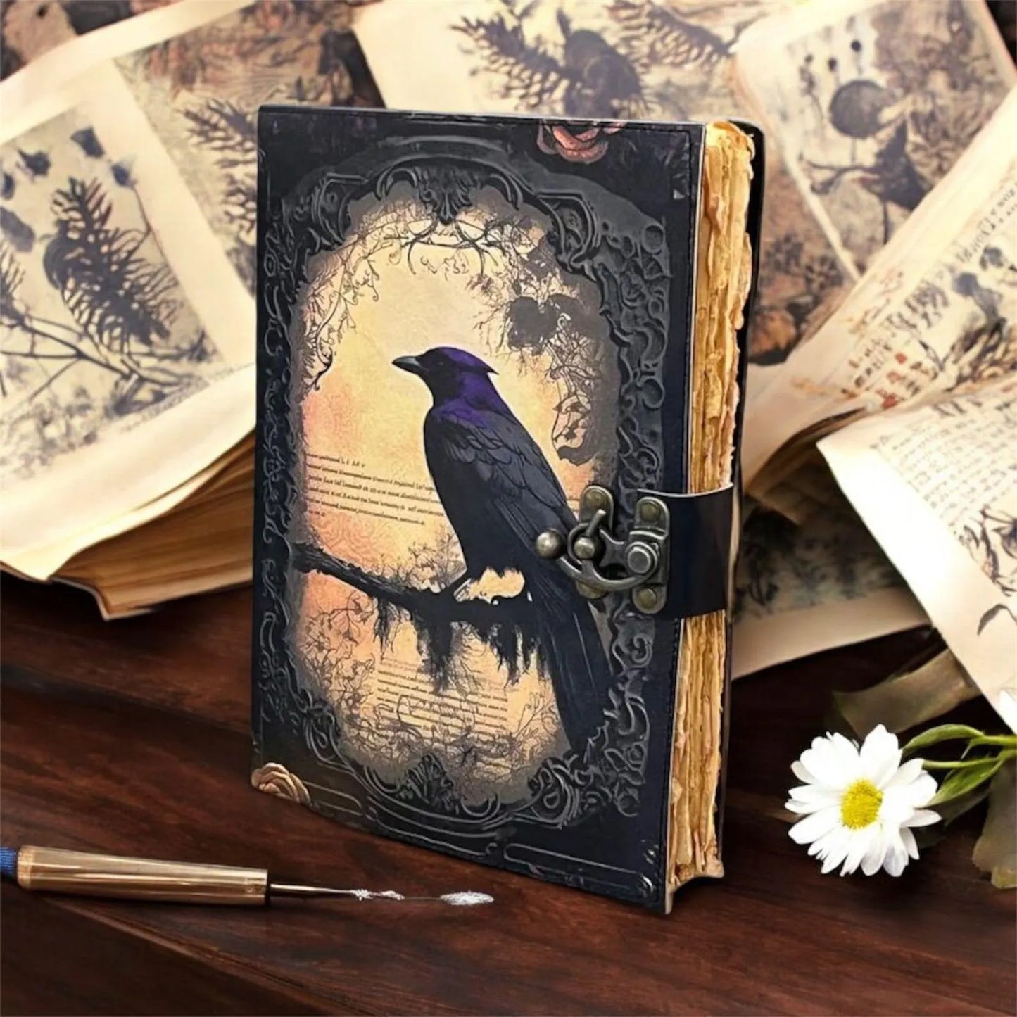 Raven Leather Grimoire Journal: Vintage Spell Book of Shadows Witchcraft Raven Leather Journal, Leather Valentine Journal gifts for women