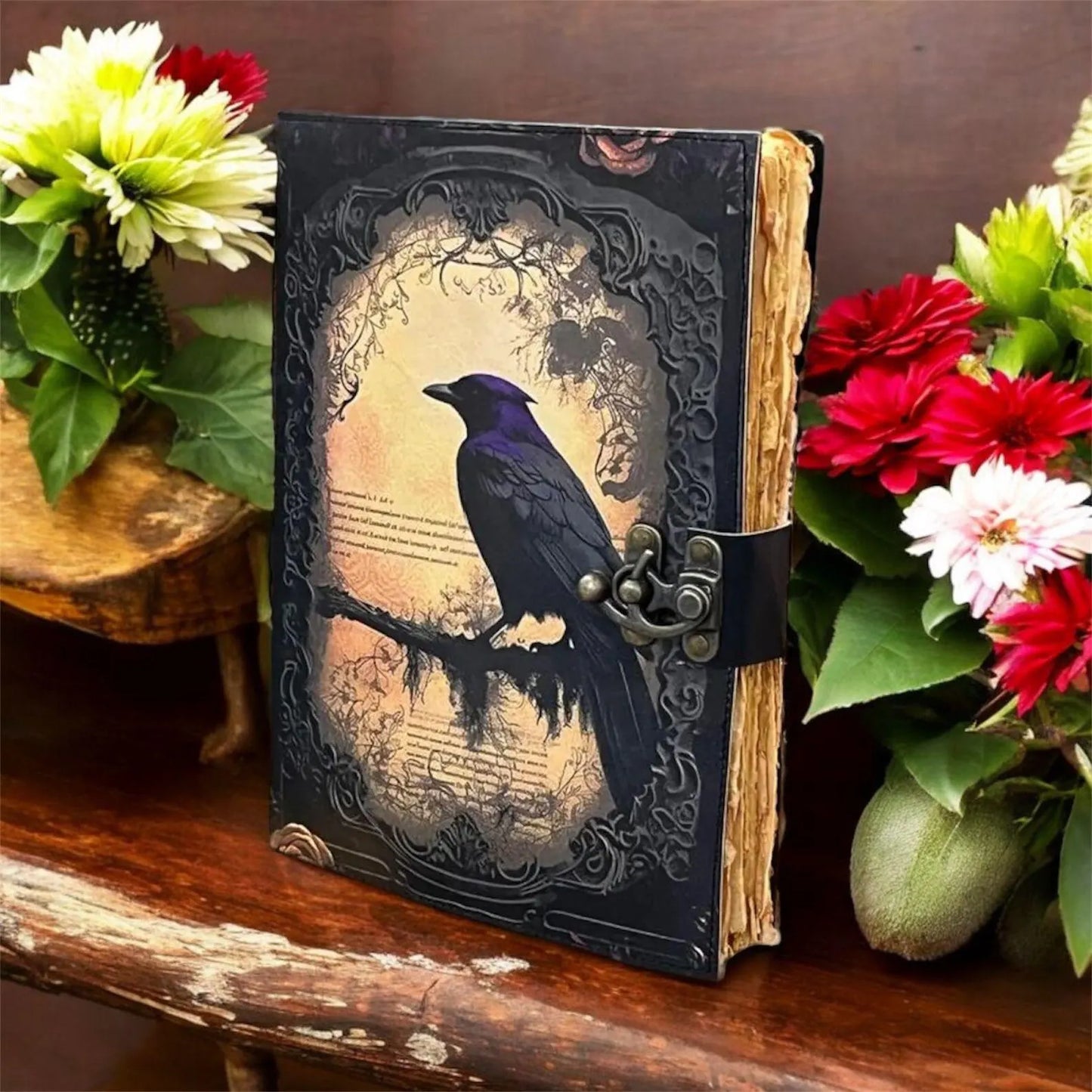 Raven Leather Grimoire Journal: Vintage Spell Book of Shadows Witchcraft Raven Leather Journal, Leather Valentine Journal gifts for women