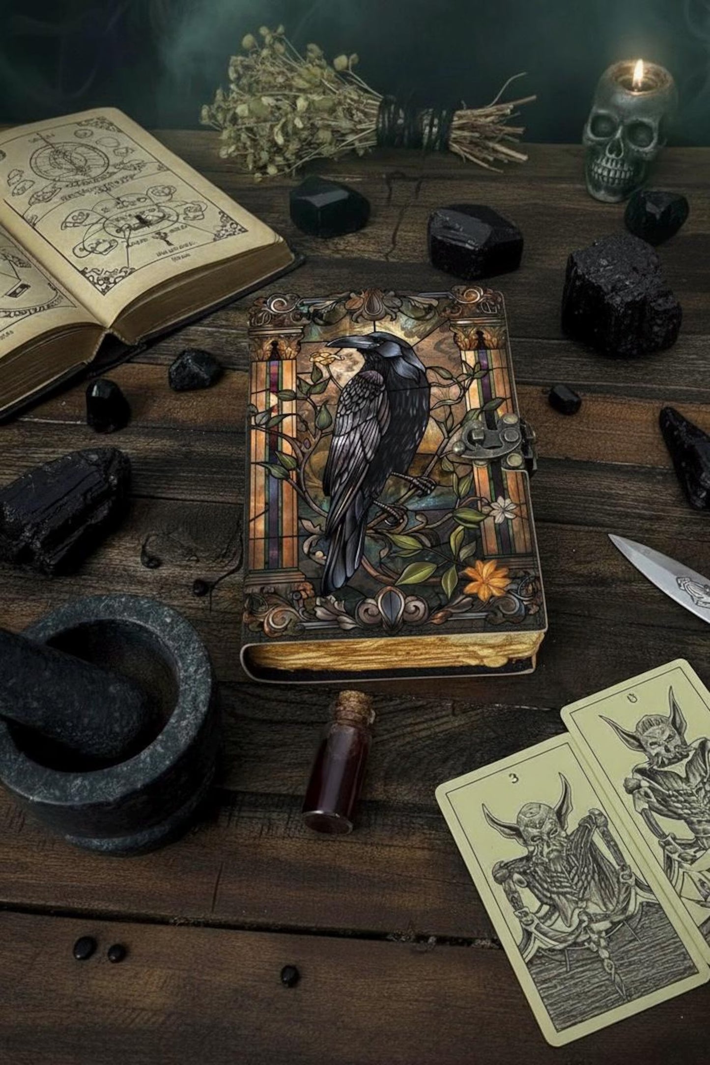 Raven Grimoire Vintage leather journal, Raven Leather Journal, Blank spell book of shadows Halloween Gifts For Him Her