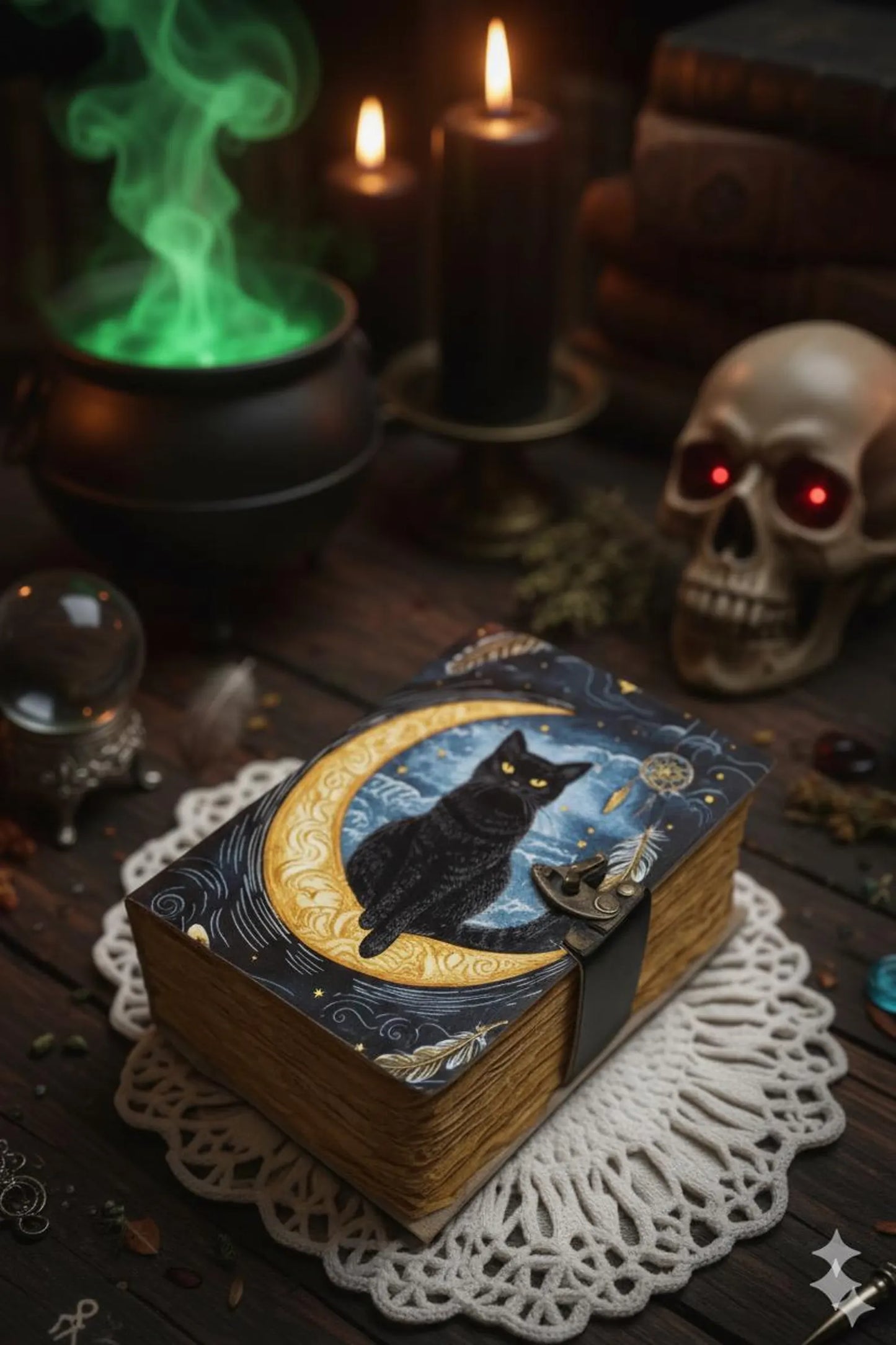 Leather Grimoire Journal: Cat Print Book of Shadows Magic Leather Journal, Spell book Magic Cat Journal Halloween Gifts