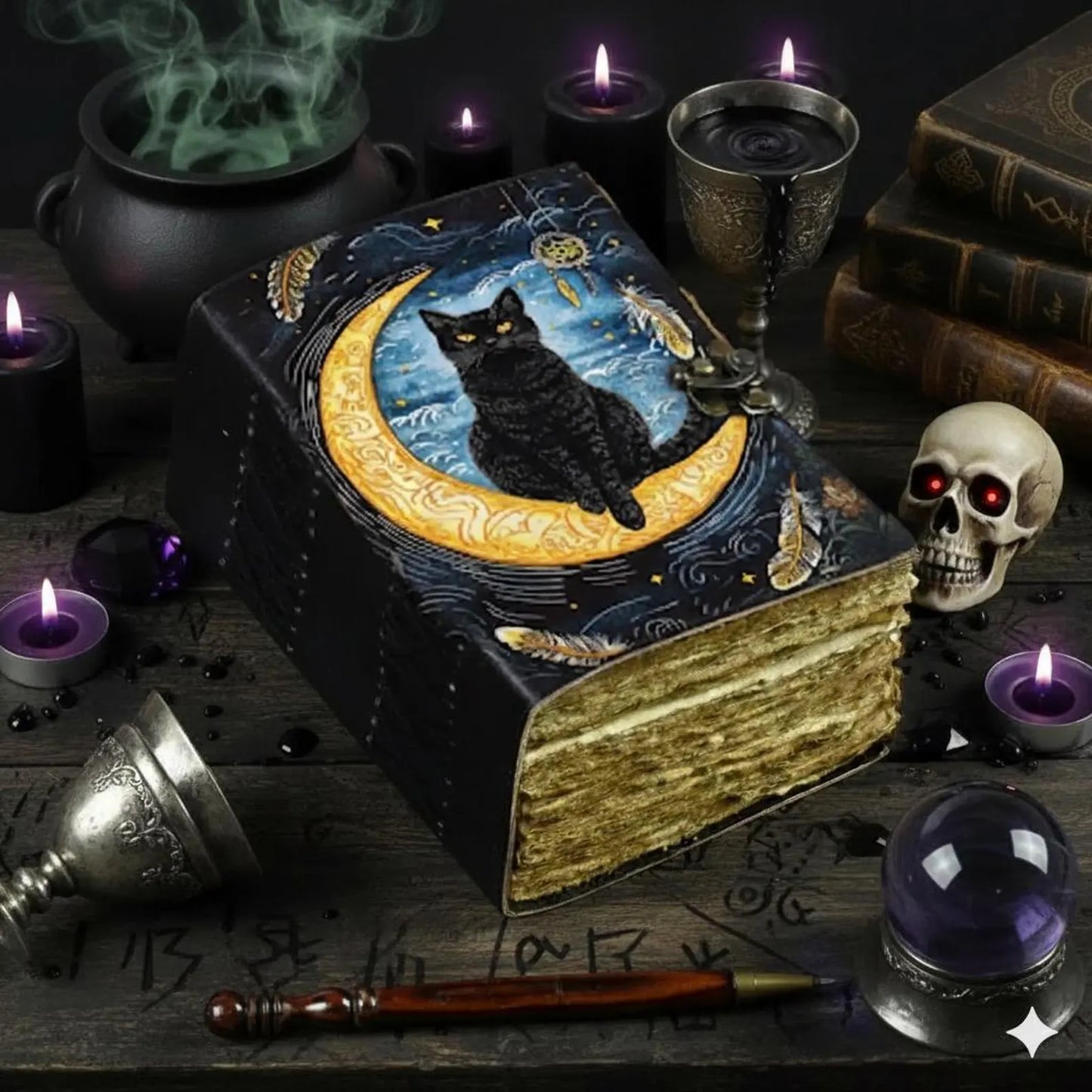 Leather Grimoire Journal: Cat Print Book of Shadows Magic Leather Journal, Spell book Magic Cat Journal Halloween Gifts