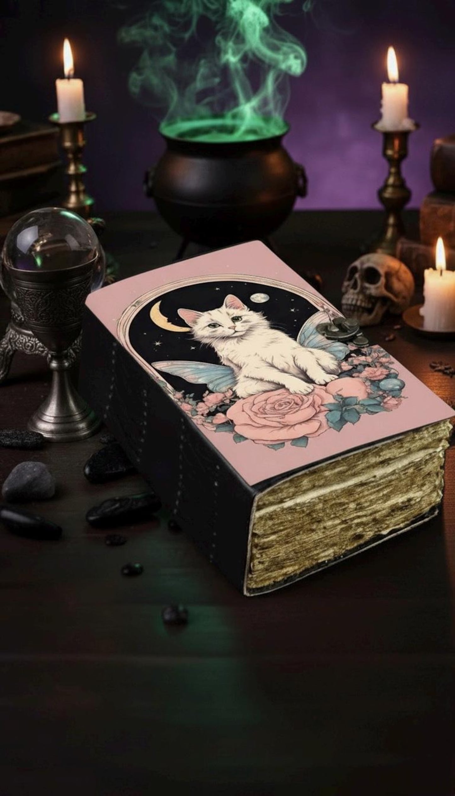 Cat Grimoire Journal – Blank Book of Shadows | Leather Spell Book of Wisdom | Handmade Witchy Sketchbook Moon Magic Tarot Notebook