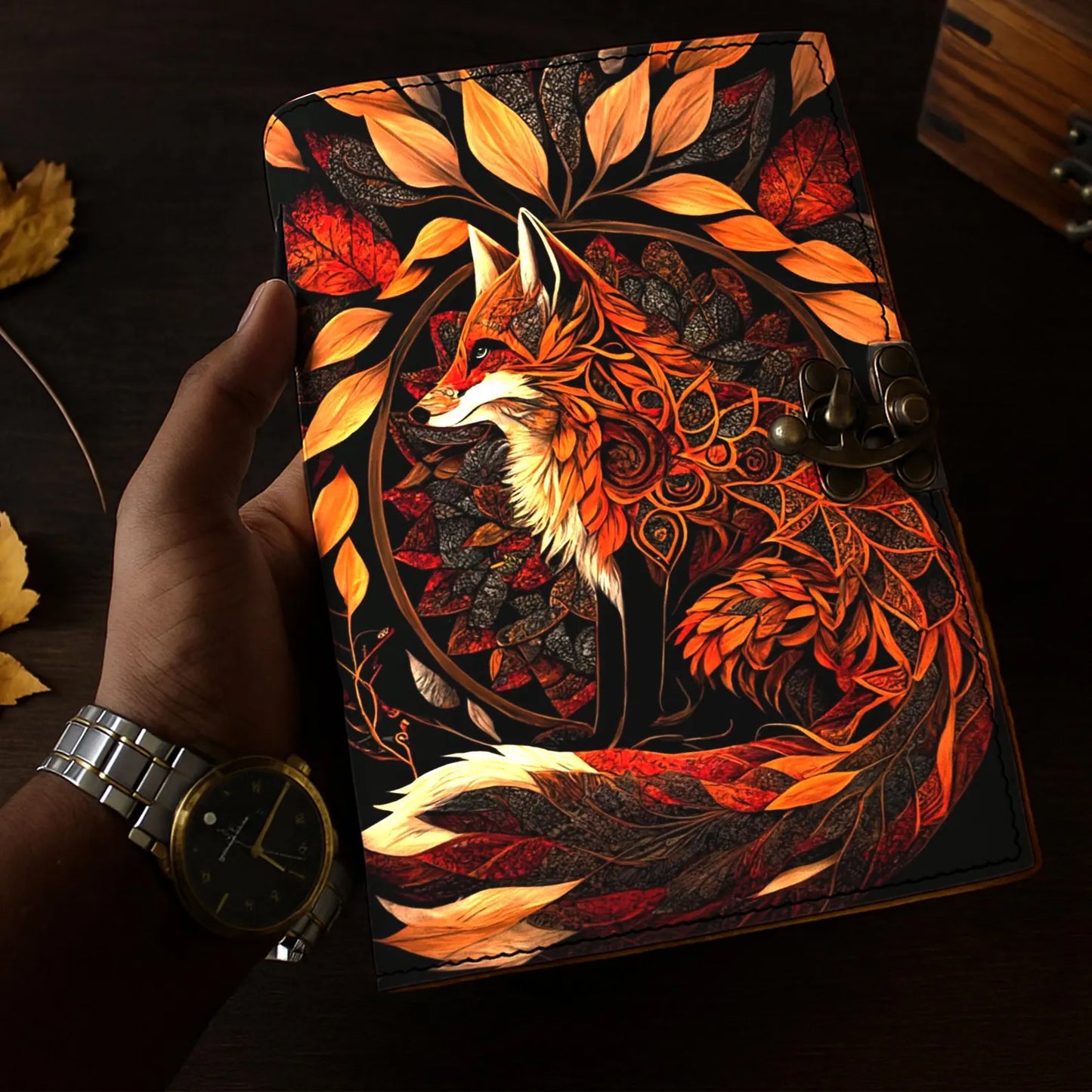 Fox Vintage leather Journal, Grimoire Fat journal Blank spell book of shadows Celestial Handmade Fox Journal
