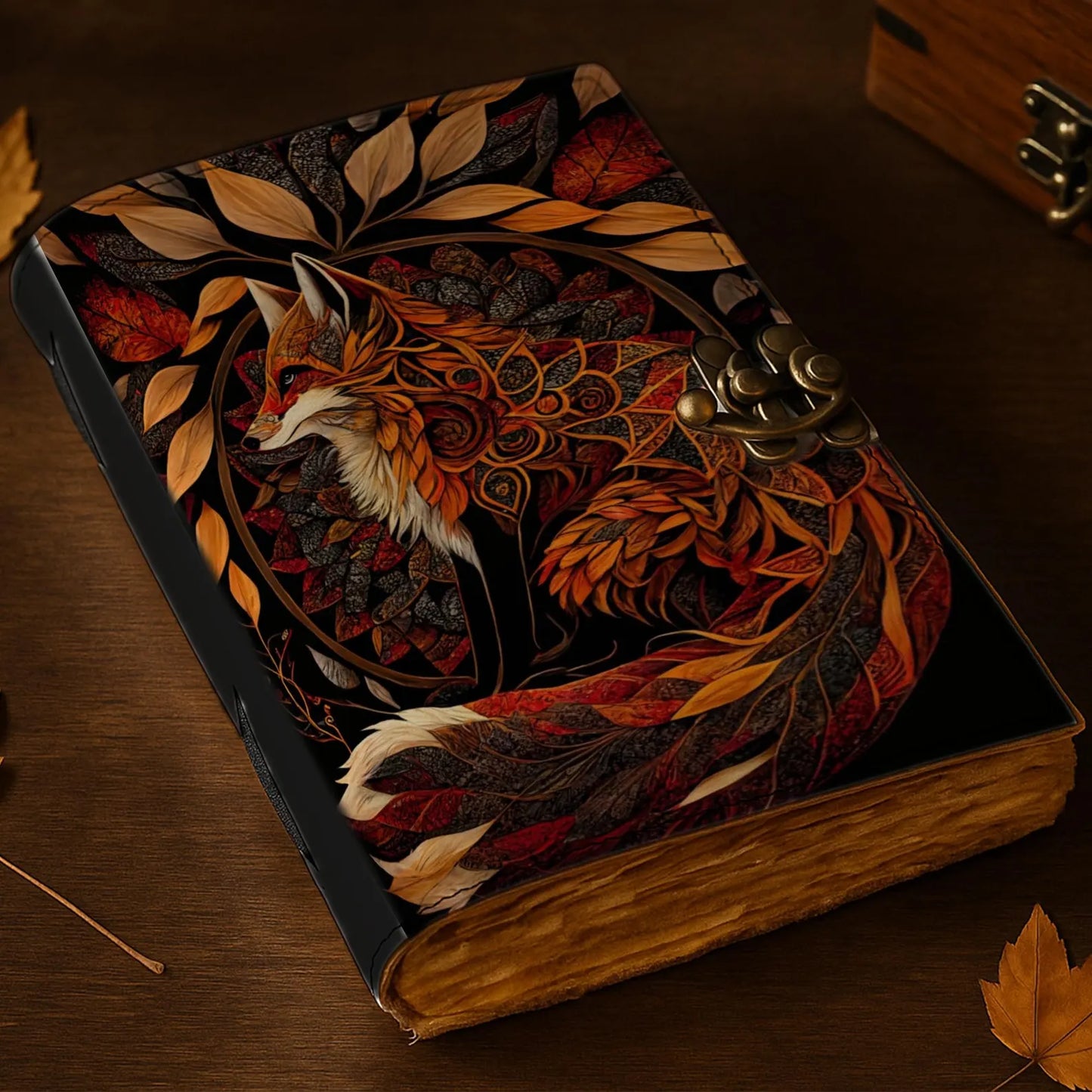 Fox Vintage leather Journal, Grimoire Fat journal Blank spell book of shadows Celestial Handmade Fox Journal