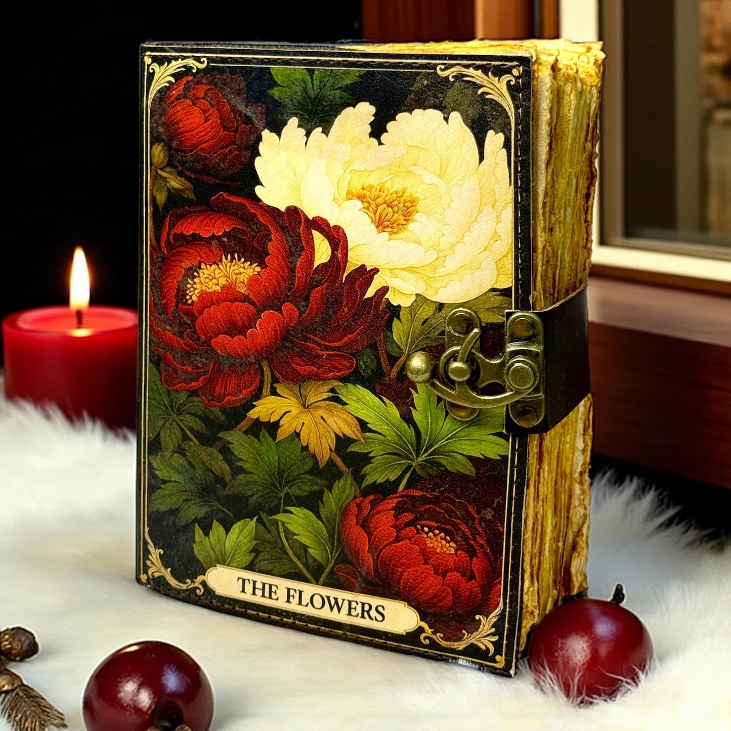 Floral Leather Grimoire – Gothic Book of Shadows, Witchcraft Spellbook, Wiccan Pagan Ritual Journal, Witchy Gift
