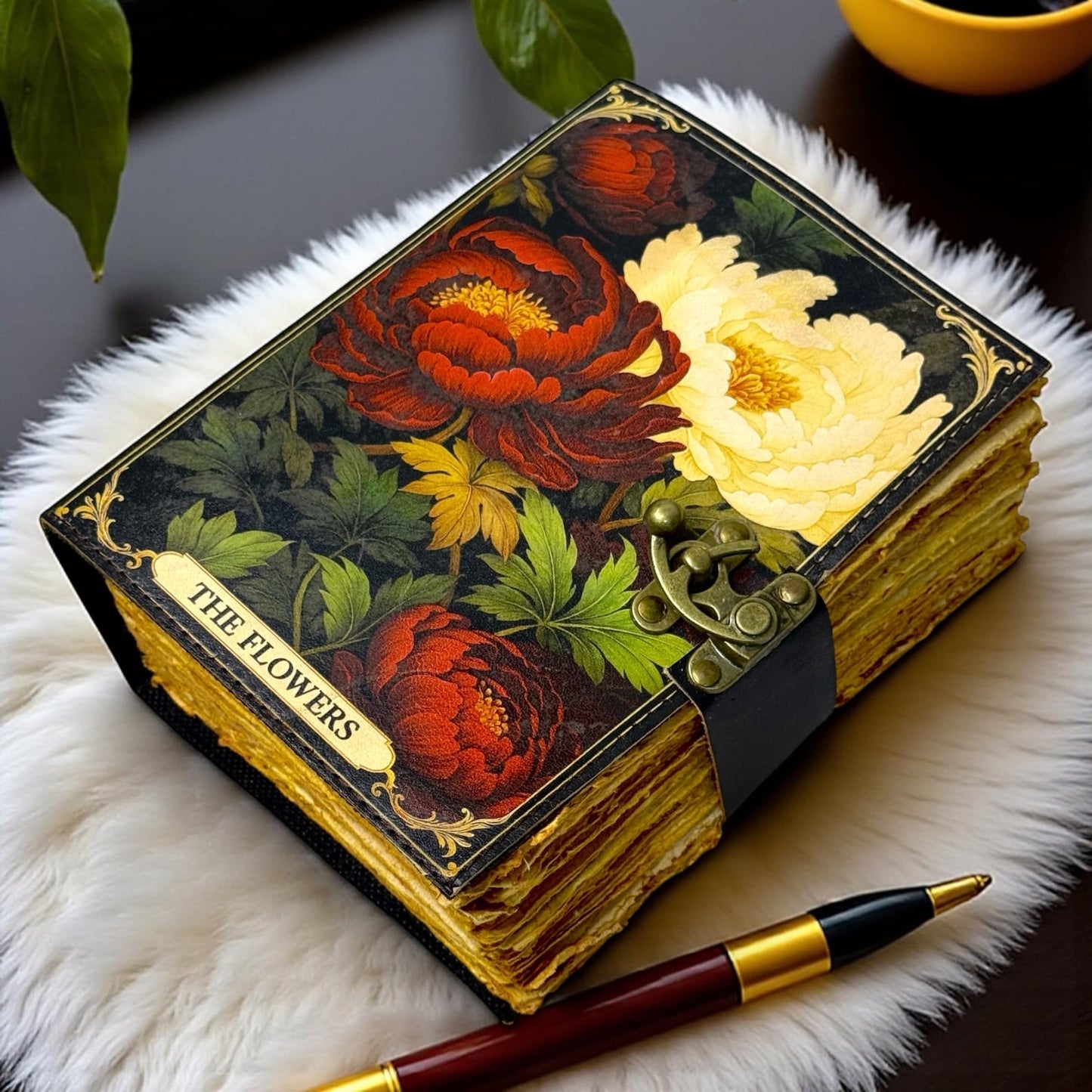 Floral Leather Grimoire – Gothic Book of Shadows, Witchcraft Spellbook, Wiccan Pagan Ritual Journal, Witchy Gift