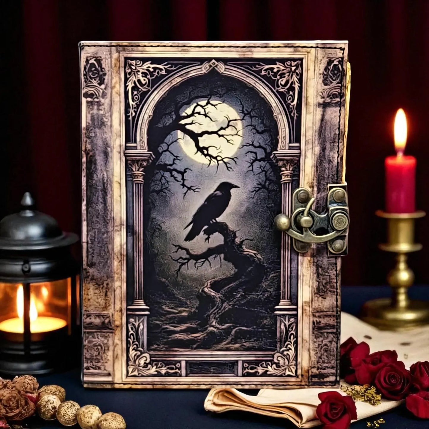 Handmade Raven & Moon Leather Journal – Gothic Sketchbook